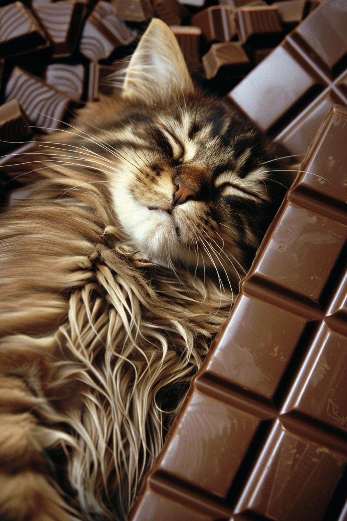 The cat loves chocolate very much, the cat is in the chocolate world, there are a lot of chocolates, everything is so delicious, the cat has a sweet tooth!
