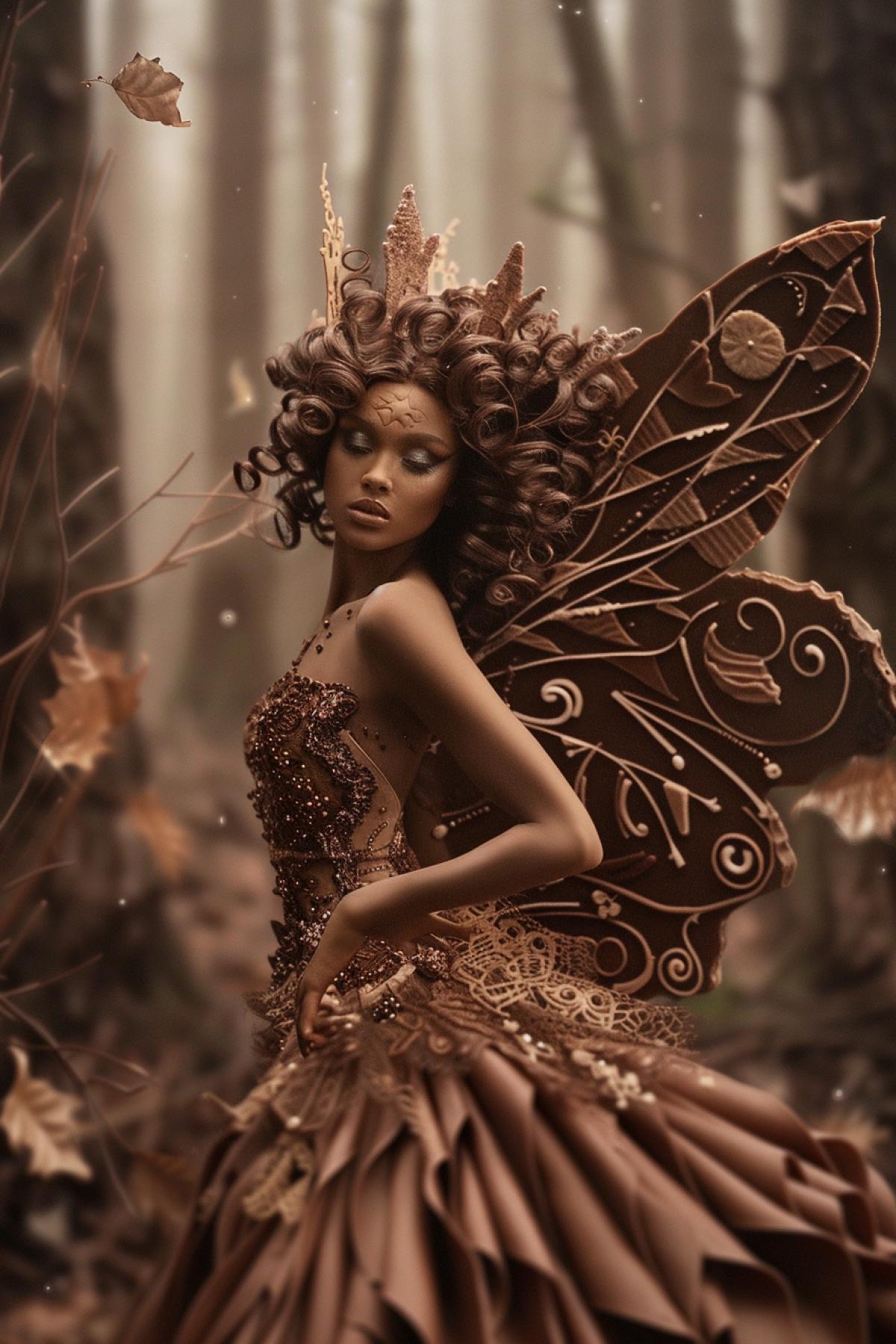 A fairy with wings made of fine chocolate lace, her dress is made of dark chocolate with decorative elements of white chocolate, her hair is woven from curls of milk chocolate, her skin is a slight shade of dark chocolate. She floats above a forest of chocolate trees, surrounded by chocolate motes, the evening lighting highlighting her figure, creating warm shadows.