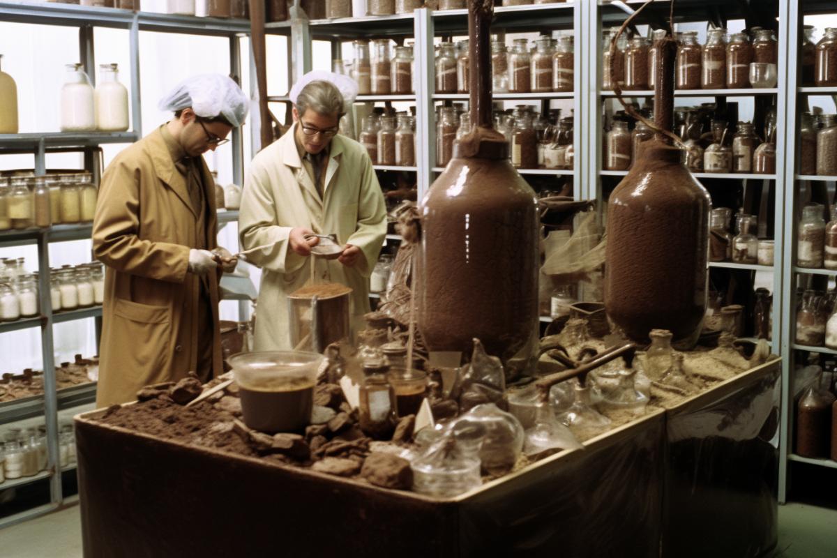 Chocolate laboratory, chemical equipment, flasks with chocolate, chocolate chemists examining chocolate in flasks.