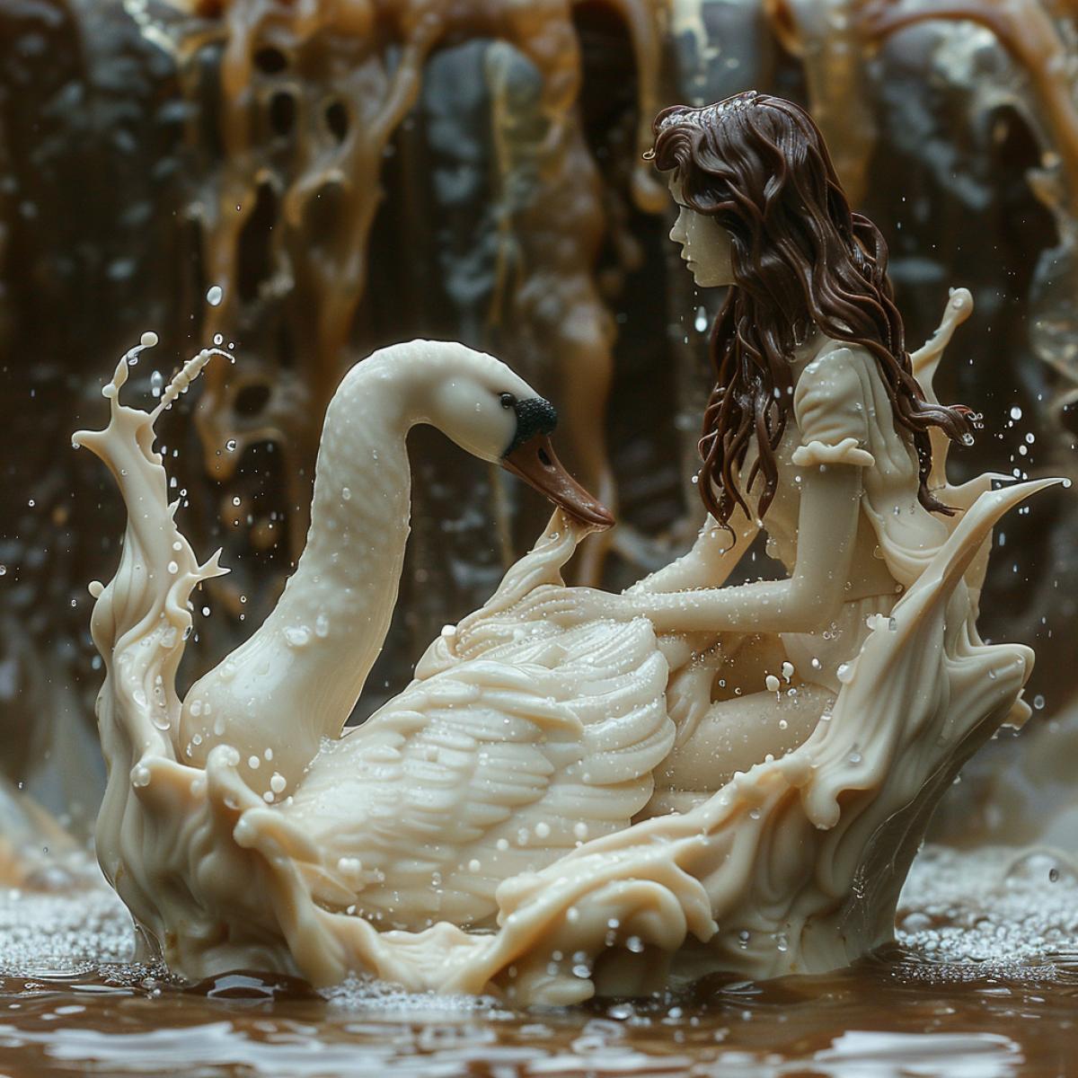 A white chocolate swan in water on a dark chocolate lake,. A girl sitting on a chair is watching him. . lake shore