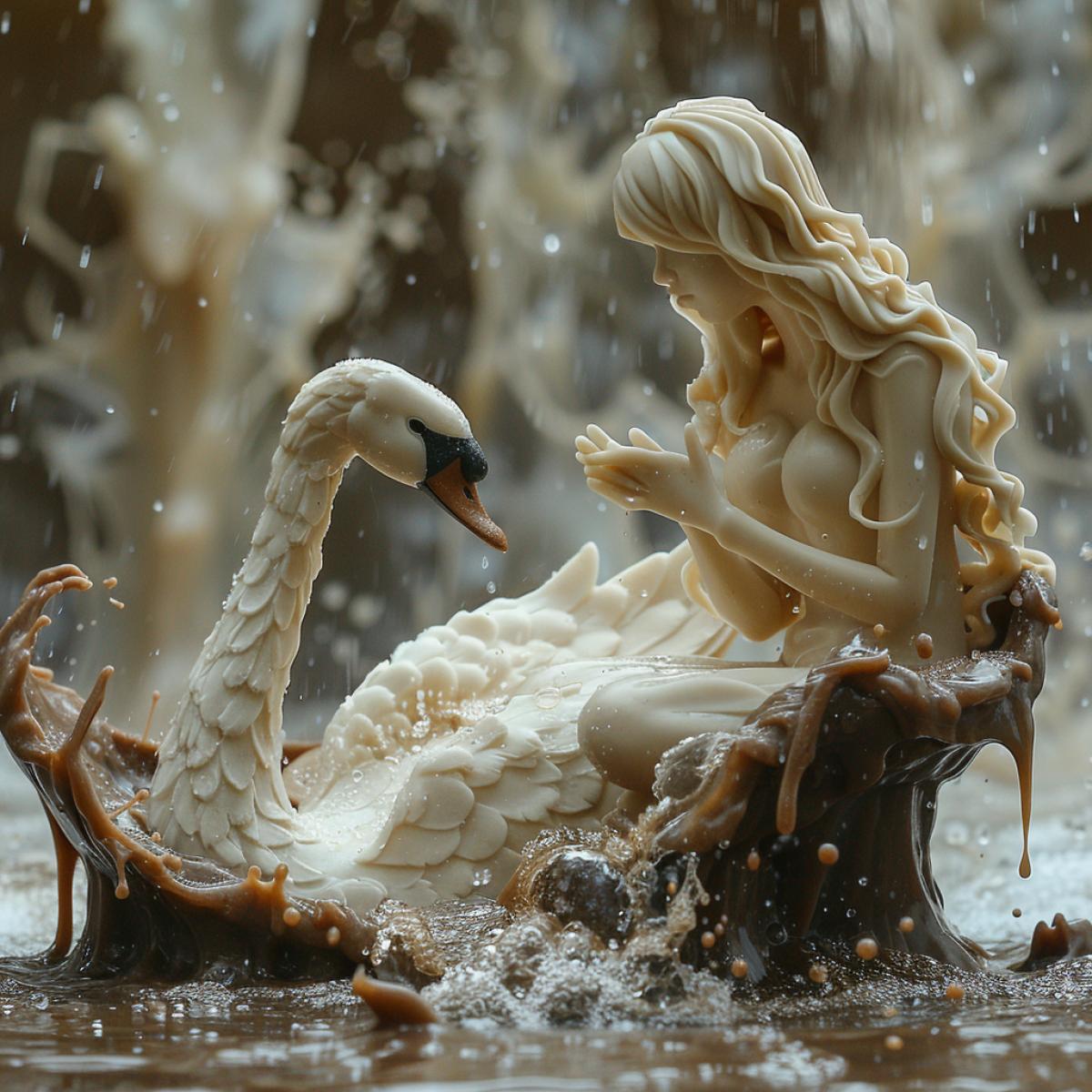 A white chocolate swan in water on a dark chocolate lake,. A girl sitting on a chair is watching him. . lake shore