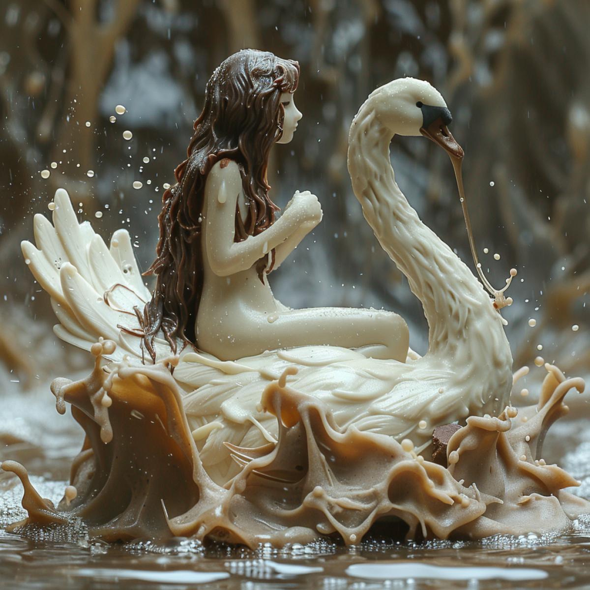 A white chocolate swan in water on a dark chocolate lake,. A girl sitting on a chair is watching him. . lake shore
