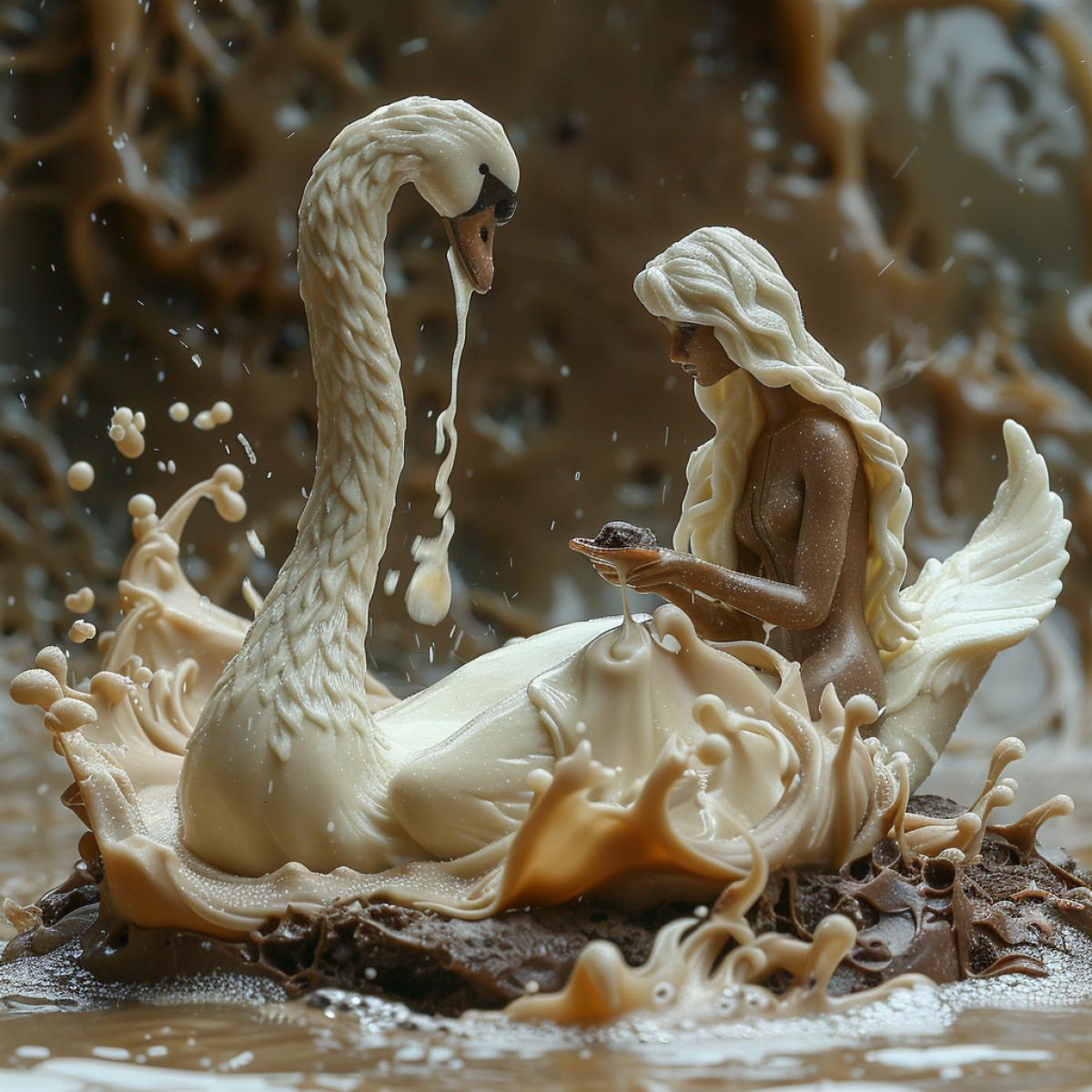 A white chocolate swan in water on a dark chocolate lake,. A girl sitting on a chair is watching him. . lake shore