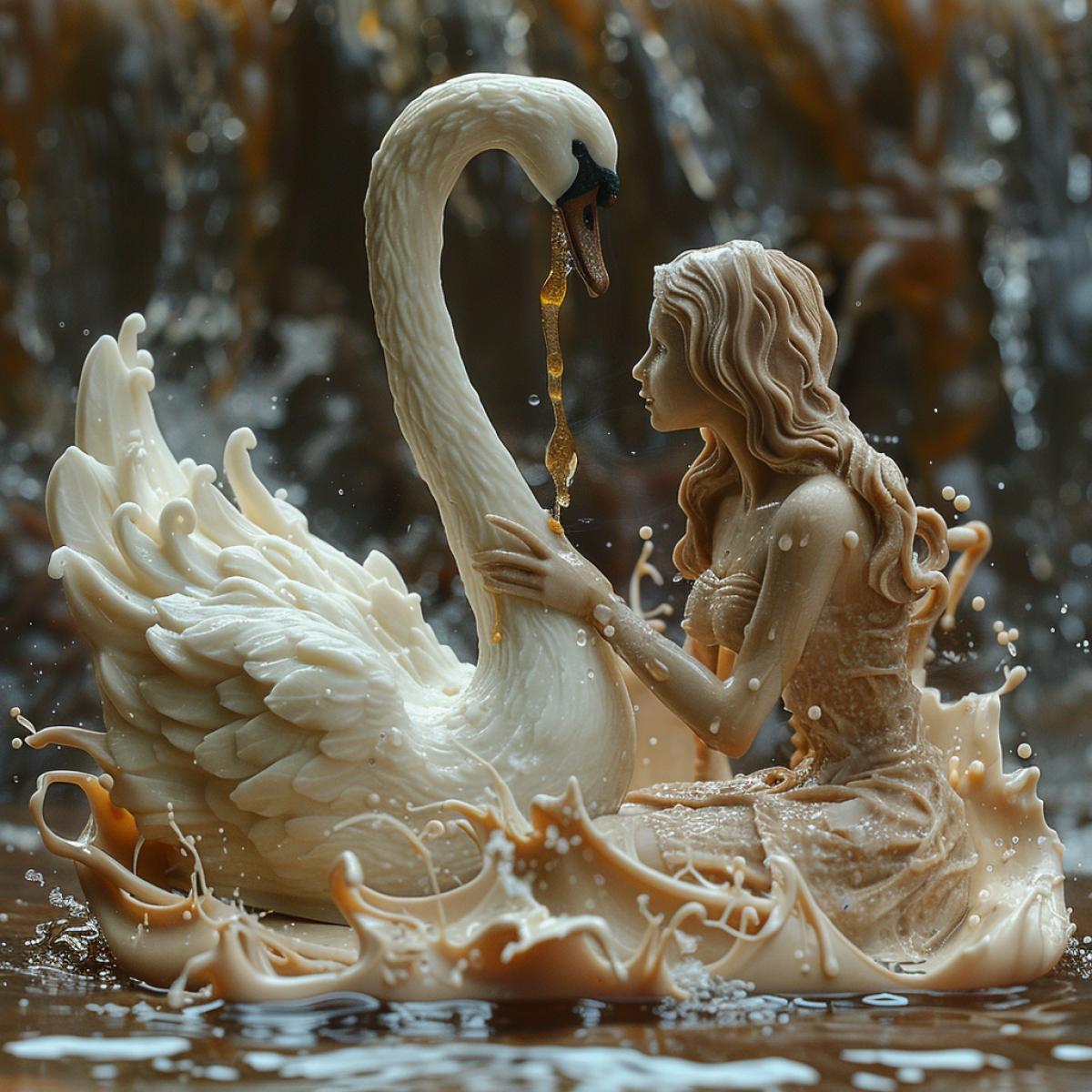A white chocolate swan in water on a dark chocolate lake,. A girl sitting on a chair is watching him. . lake shore