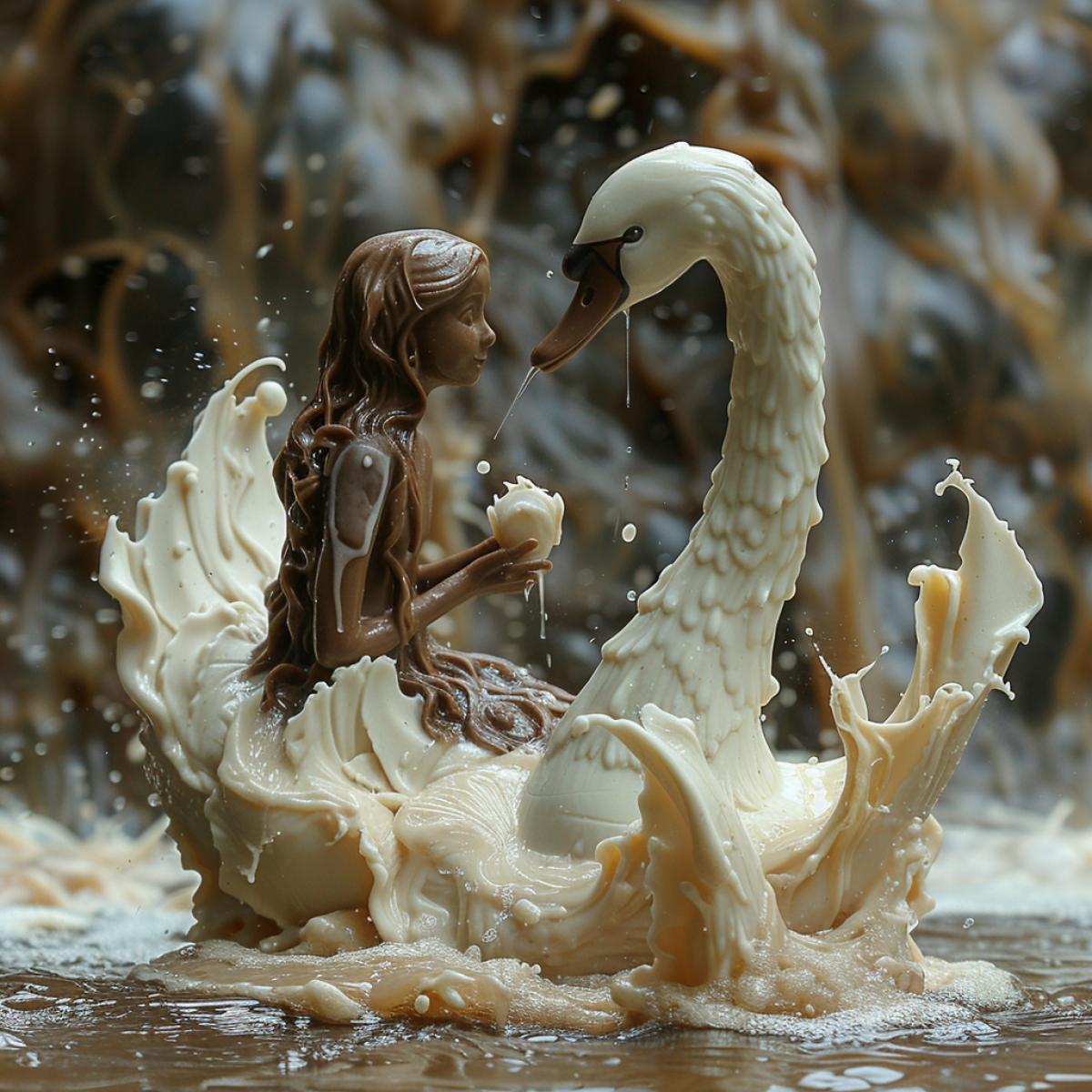 A white chocolate swan in water on a dark chocolate lake,. A girl sitting on a chair is watching him. . lake shore