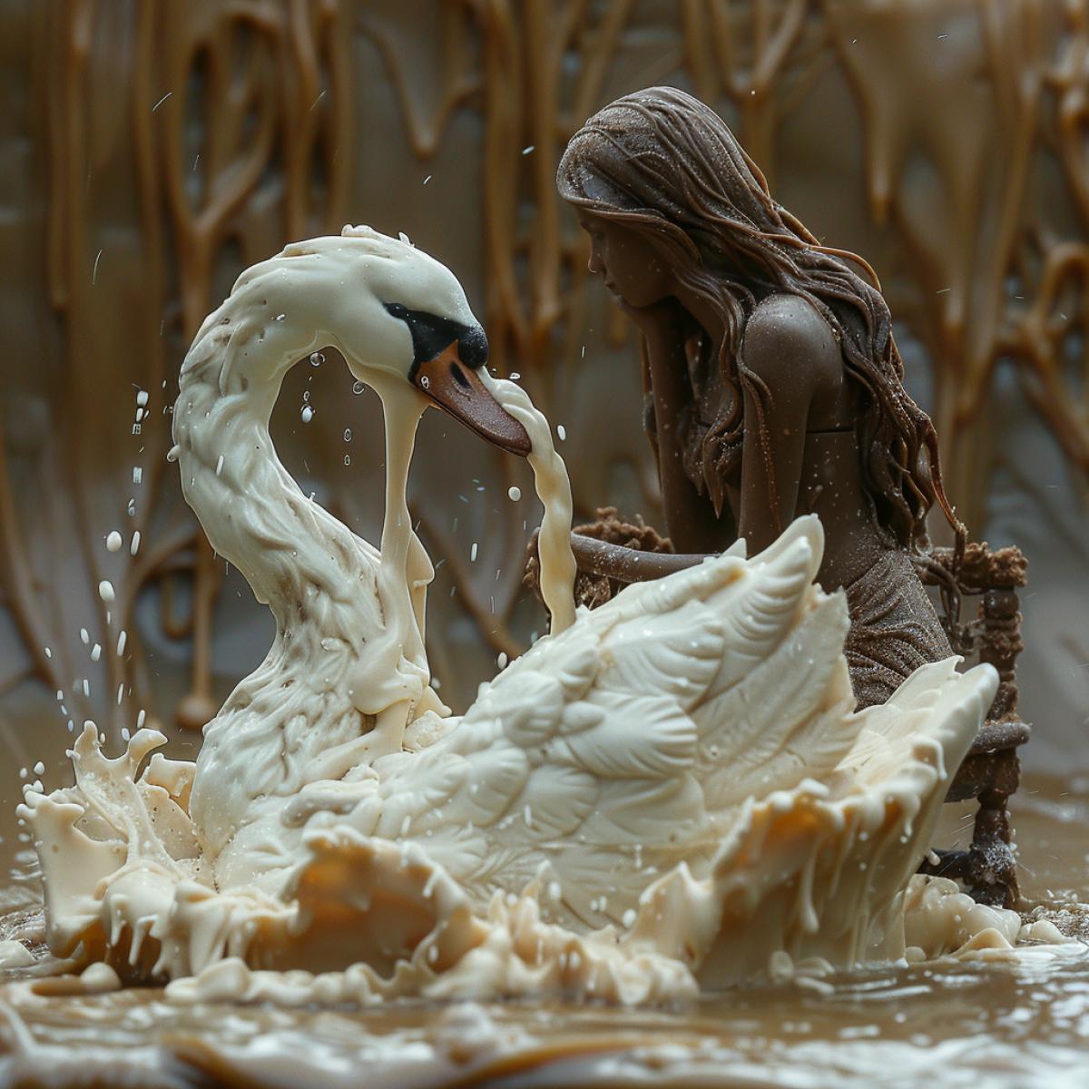 A white chocolate swan in water on a dark chocolate lake,. A girl sitting on a chair is watching him. . lake shore