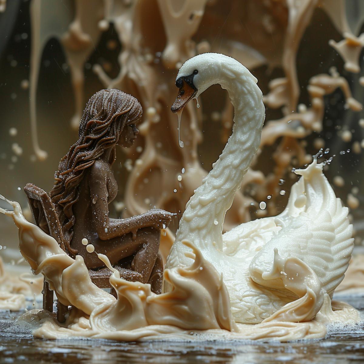 A white chocolate swan in water on a dark chocolate lake,. A girl sitting on a chair is watching him. . lake shore