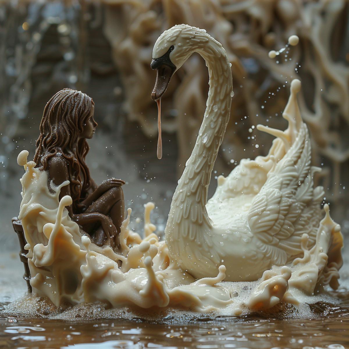A white chocolate swan in water on a dark chocolate lake,. A girl sitting on a chair is watching him. . lake shore