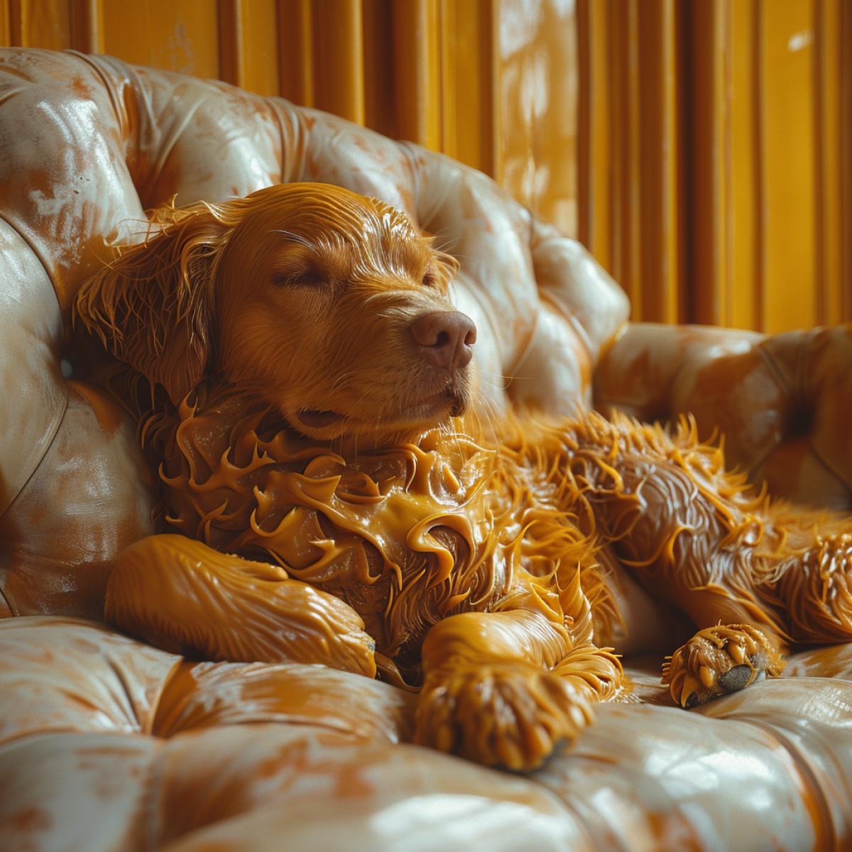 Chocolate dark shepherd lies on a white chocolate sofa in a caramel chocolate room