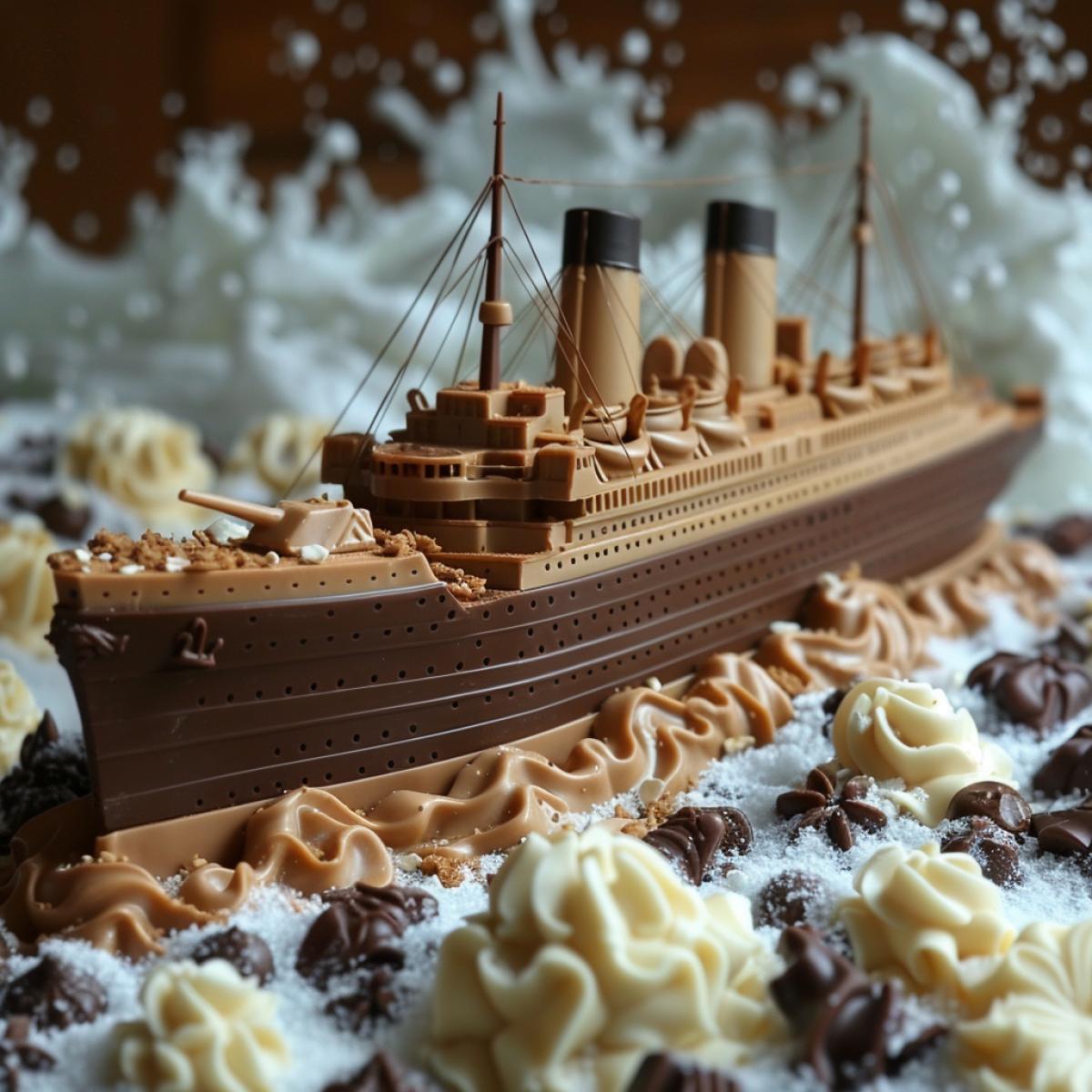 The chocolate ship Titanic, dark chocolate with nuts, in a sea of ​​white and dark chocolate, collides with a chocolate block of white chocolate