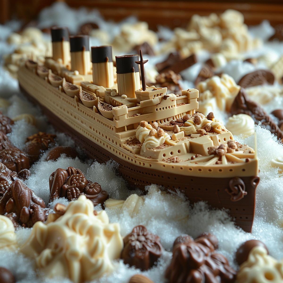The chocolate ship Titanic, dark chocolate with nuts, in a sea of ​​white and dark chocolate, collides with a chocolate block of white chocolate