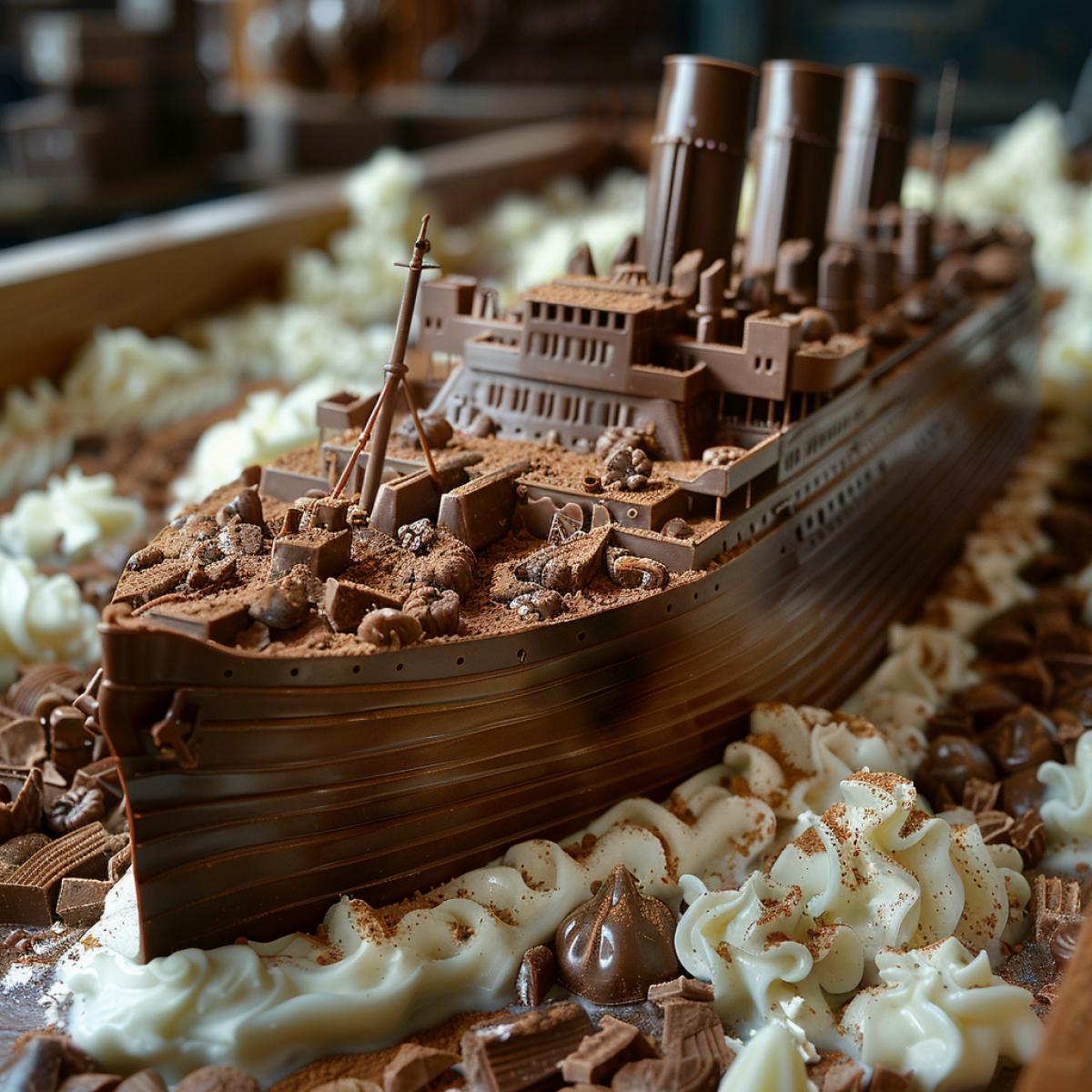 The chocolate ship Titanic, dark chocolate with nuts, in a sea of ​​white and dark chocolate, collides with a chocolate block of white chocolate