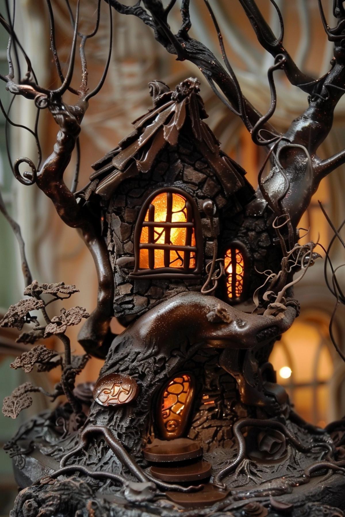 Chocolate windows, chocolate nature, shimmer, in the style of director Tim Burton