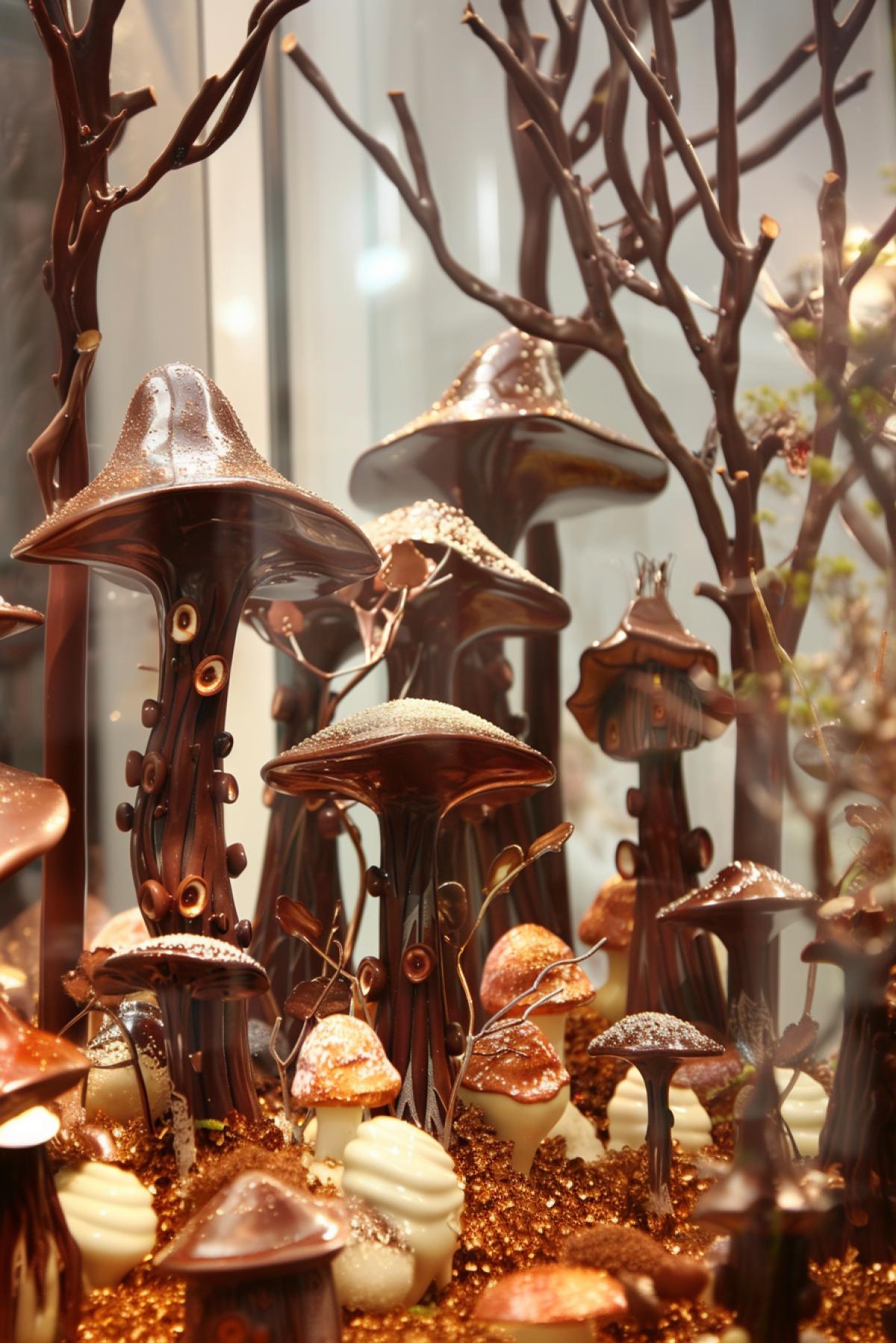 Chocolate windows, chocolate nature, shimmer, in the style of director Tim Burton