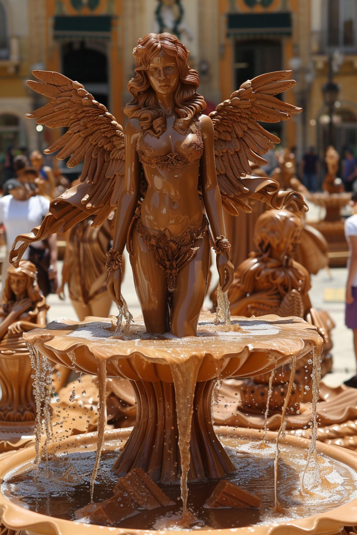 Sunny Italy, warm summer day, city square, decorated tables with different types of chocolate from all over the world. Here are the huge human-sized Olympic gods, here are wild animals, chocolate in the form of angels, in the form of beautiful fairies, in the form of beautiful girls.