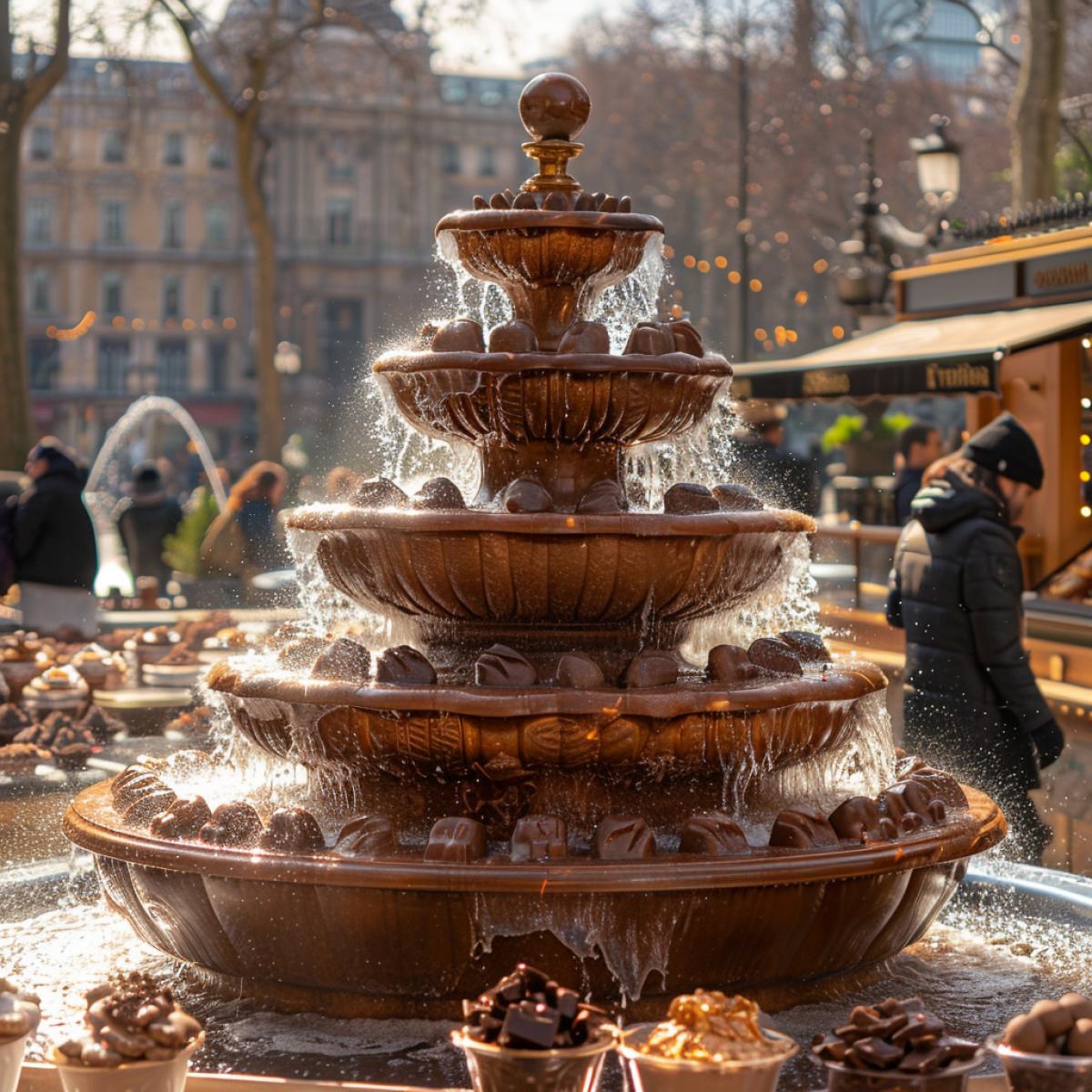 Sunny Spain, a huge city square, in the middle of the square there is a huge fountain made of different types of chocolate, around the fountain there are counters with a variety of chocolate figures, cheerful people walk around looking at them, scooping chocolate from the fountain into a glass