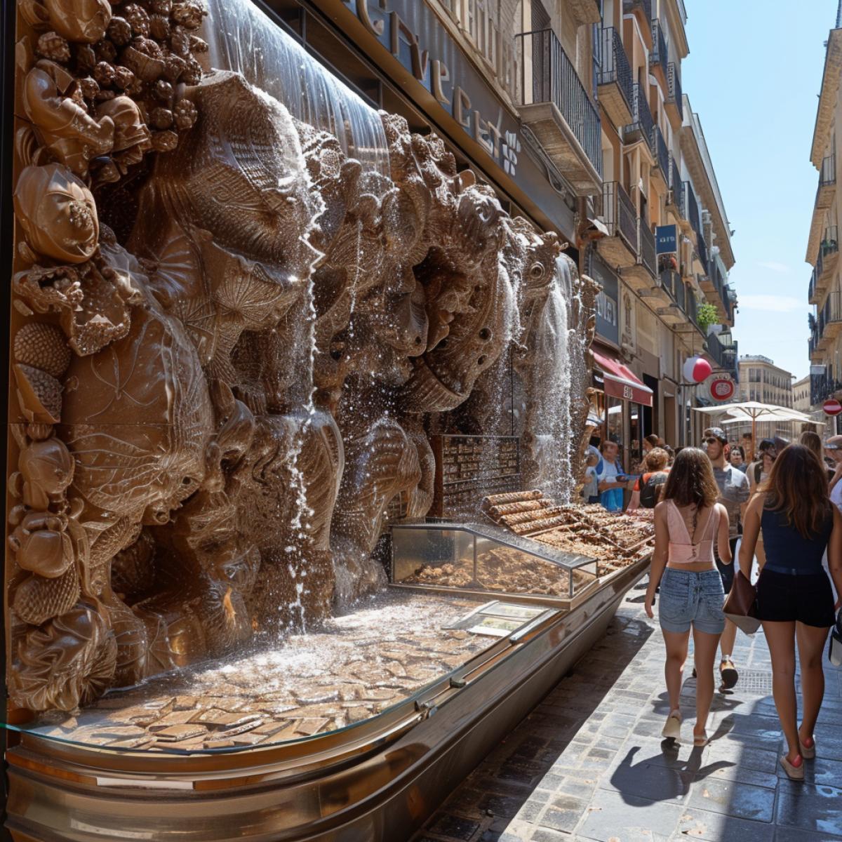 Sunny Spain, a hot summer day, a huge city square, in the middle of the square there is a huge fountain made of different types of chocolate, around the fountain there are counters with a variety of chocolate figures, cheerful people walk around looking at them, scooping chocolate from the fountain into a glass.