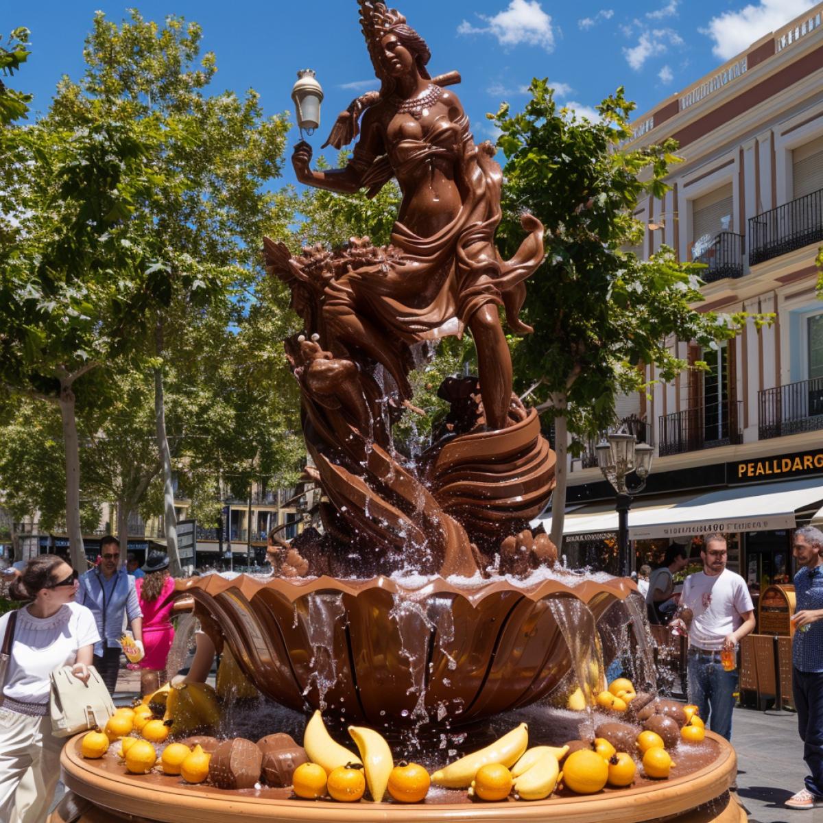 Sunny Spain, a hot summer day, a huge city square, in the middle of the square there is a huge fountain made of chocolate figures of gods, magical creatures made from different types of chocolate, instead of water from the fountain, sweet vanilla soda flows around, the fountain has counters with a variety of chocolate figures, cheerful people walk around looking at, typing in glass of soda from an amazing fountain