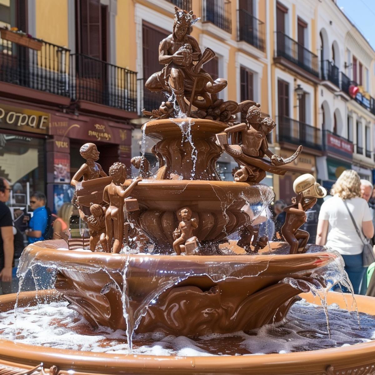Sunny Spain, a hot summer day, a huge city square, in the middle of the square there is a huge fountain made of chocolate figures of gods, magical creatures made from different types of chocolate, instead of water from the fountain, sweet vanilla soda flows around, the fountain has counters with a variety of chocolate figures, cheerful people walk around looking at, typing in glass of soda from an amazing fountain