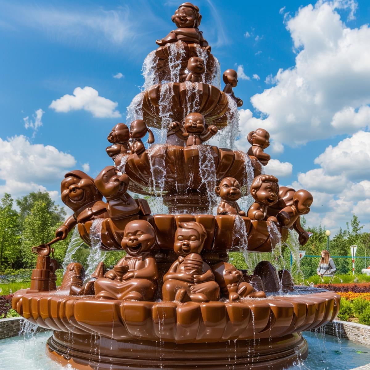 Summer day. Huge chocolate fountain Friendship of Peoples. All the figures are made of different types of chocolate, instead of water there is soda, around the fountain there are cheerful people drinking soda