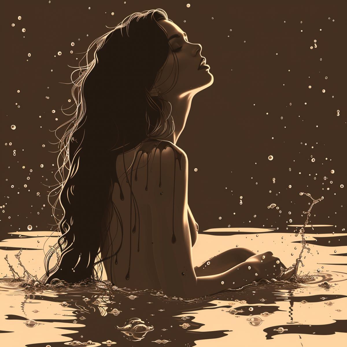 long-haired brown-haired woman in a bar in the evening at a chocolate party in water in a chocolate fountain, the shape of the figure is emphasized by sweet streams of milk chocolate