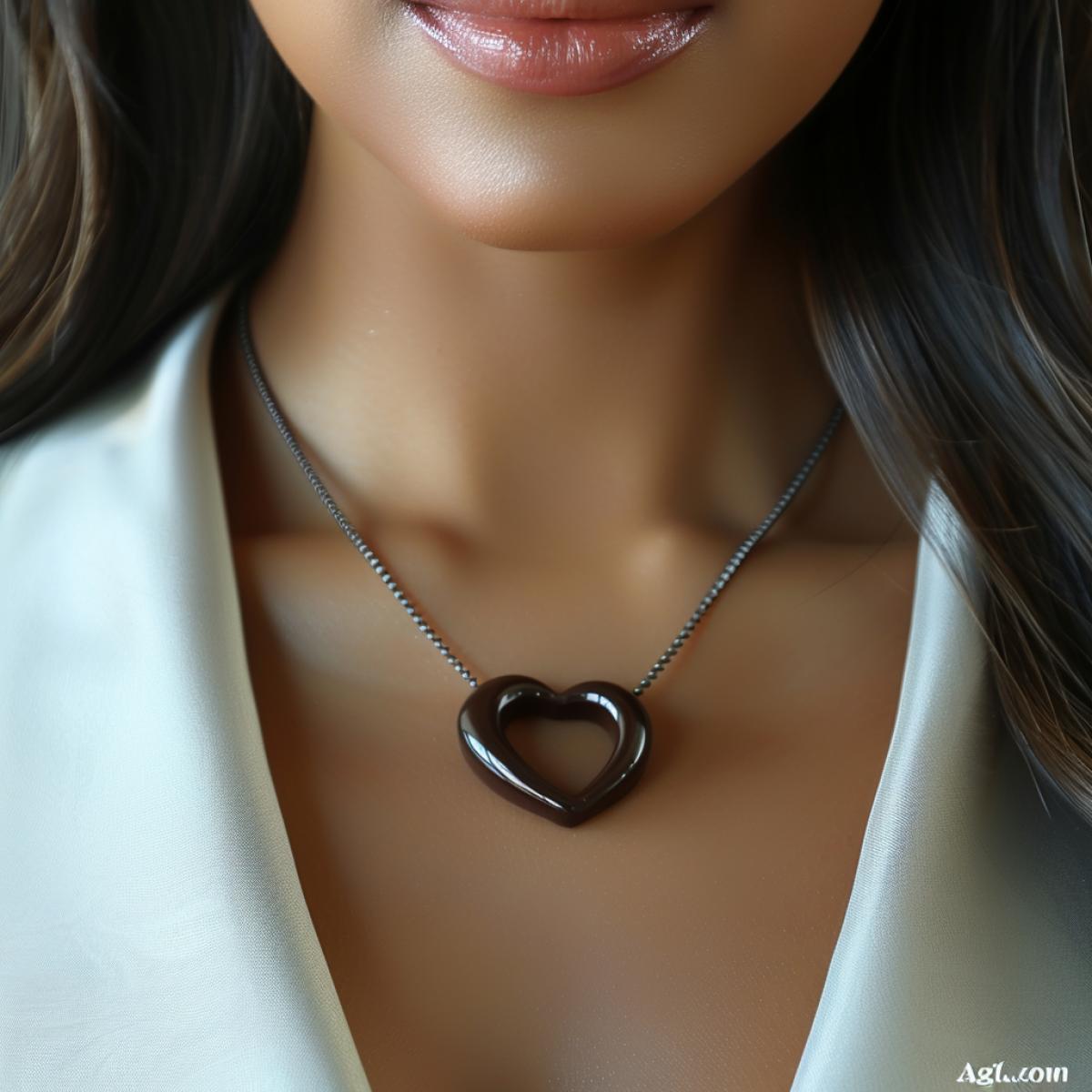 A very beautiful chocolate necklace made of figured dark chocolate, on a luxurious female detailed, neckline, elegant dress, delicious chocolate, delicious shapes