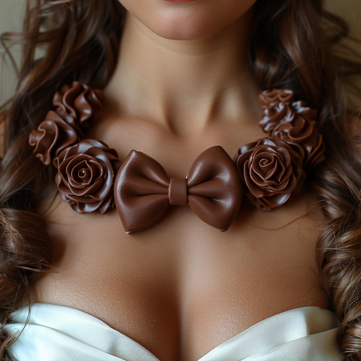 A very beautiful chocolate necklace made of figured dark chocolate, on a luxurious female detailed, neckline, elegant dress, delicious chocolate, delicious shapes