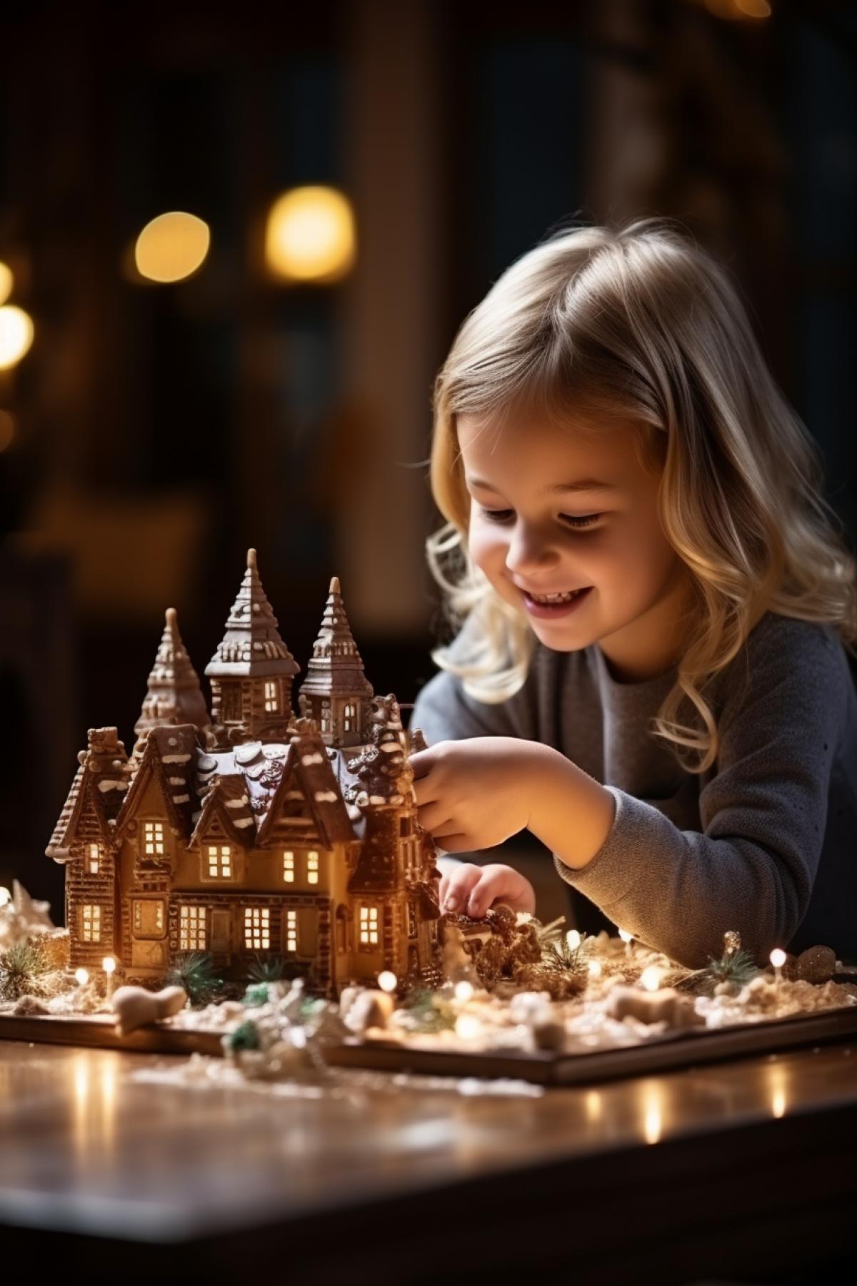 a little boy and girl of European Slavic appearance look with delight and break off pieces from a large chocolate cake in the form of a fairytale castle, dark chocolate, tasty, appetizing