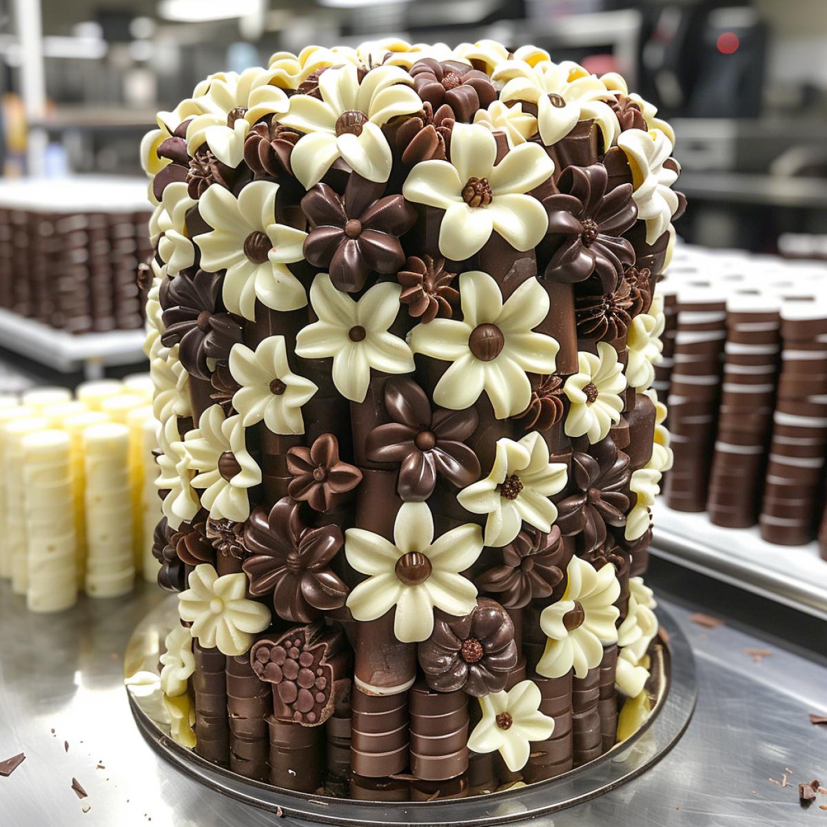 A very beautiful chocolate hat made of figured dark chocolate, on a mannequin, elegant flowers and ribbons made of dark and white chocolate, delicious chocolate, in the confectioner’s workshop