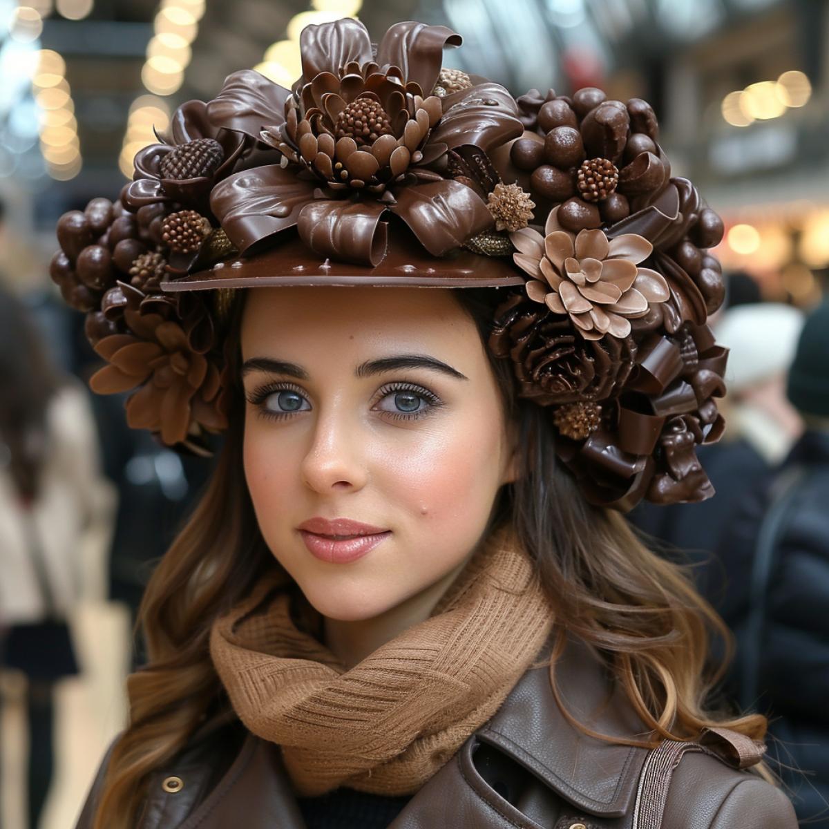 A very beautiful chocolate hat made of figured dark chocolate, on a mannequin, elegant flowers and ribbons made of dark and white chocolate, delicious chocolate, in the confectioner’s workshop