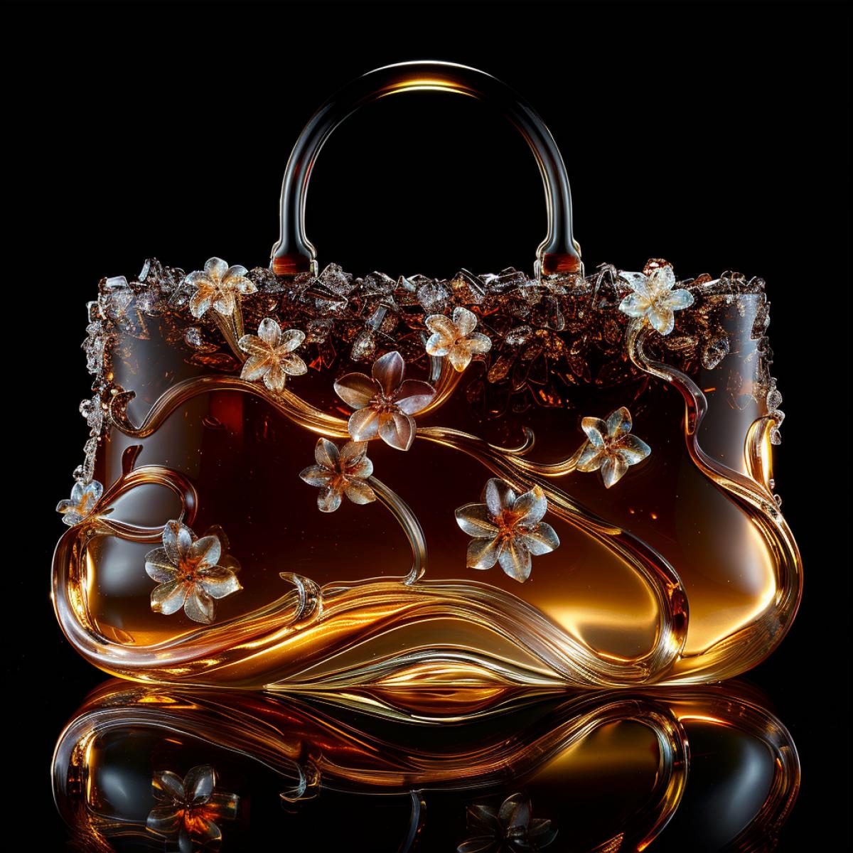 Luxurious fashionable handbag made of dark chocolate, a combination of matte and shiny textures, exhibition copy, on display, decorated with flowers and chocolate ribbons, very beautiful and very appetizing, exclusive product, original work, very expensive