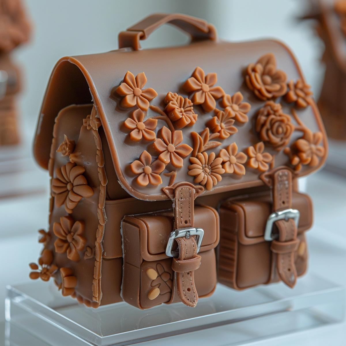 Luxurious fashionable small handbag made of dark chocolate, a combination of matte and shiny textures, exhibition copy, on display, behind glass, special lighting, decorated with flowers and chocolate ribbons, very beautiful and very appetizing, exclusive product, original work, $15,000