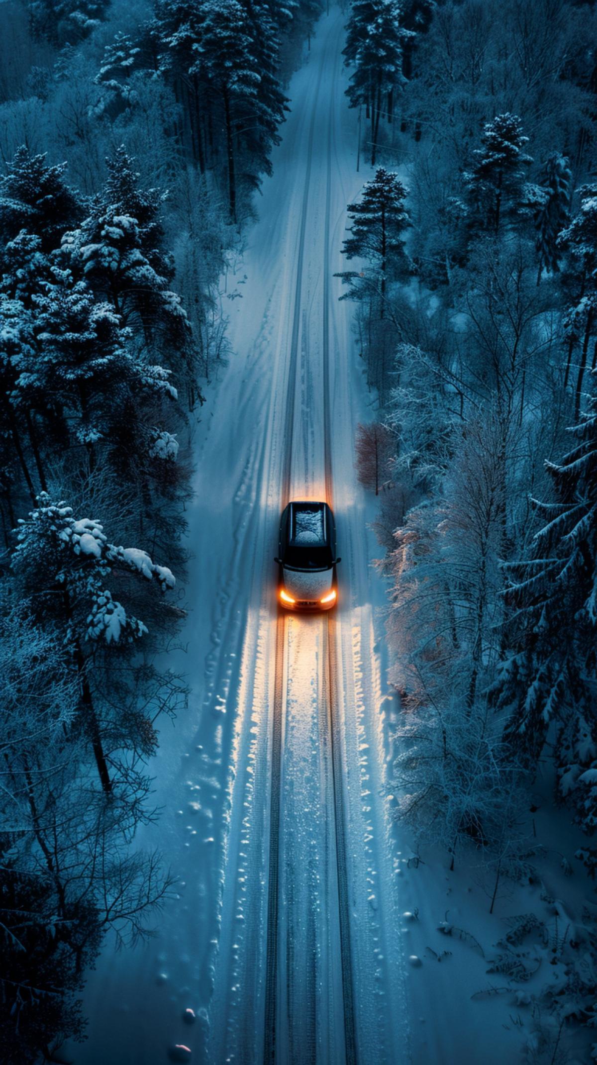 Aerial photography of a car with bright headlights driving at night on a snowy road in the forest