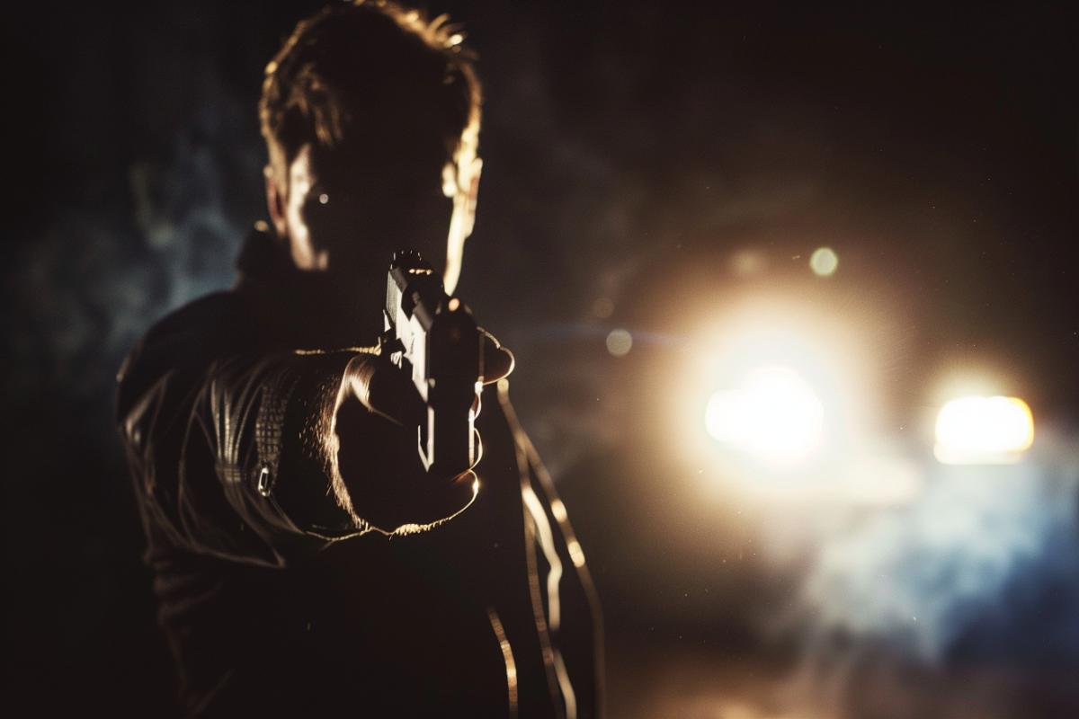 A man holds a gun, he is illuminated by the light from the headlights of a car