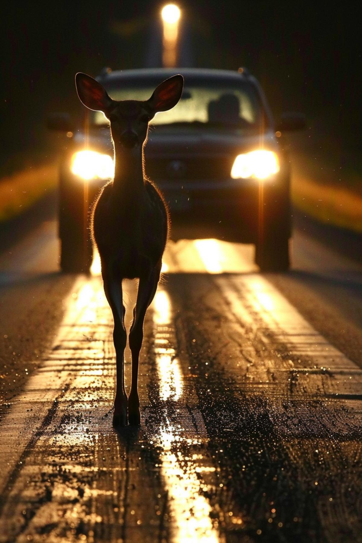 Night. A frightened deer on the road, in the light of the headlights. Fear in the eyes.