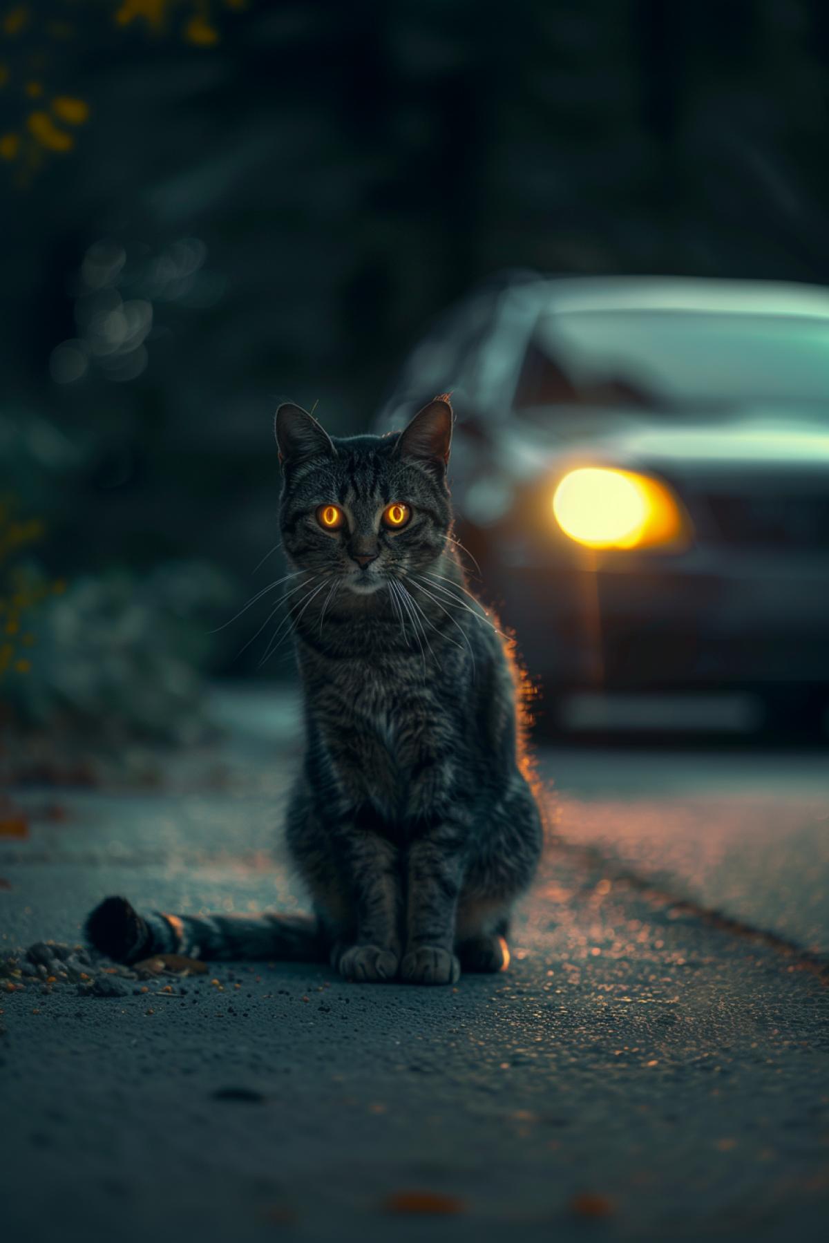 A cat with glowing eyes sits under the car headlights, flickering, realistic image, photoshop