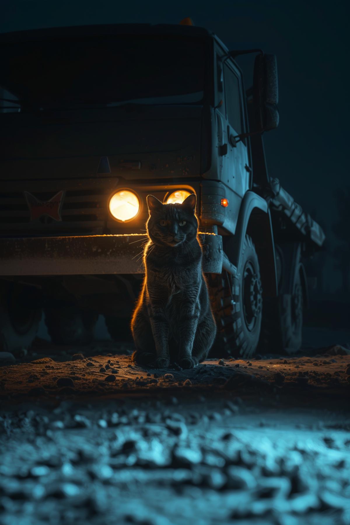 A dark cat sits under the light of the headlights of a Kamaz car, flickering, realistic image. Photoshop