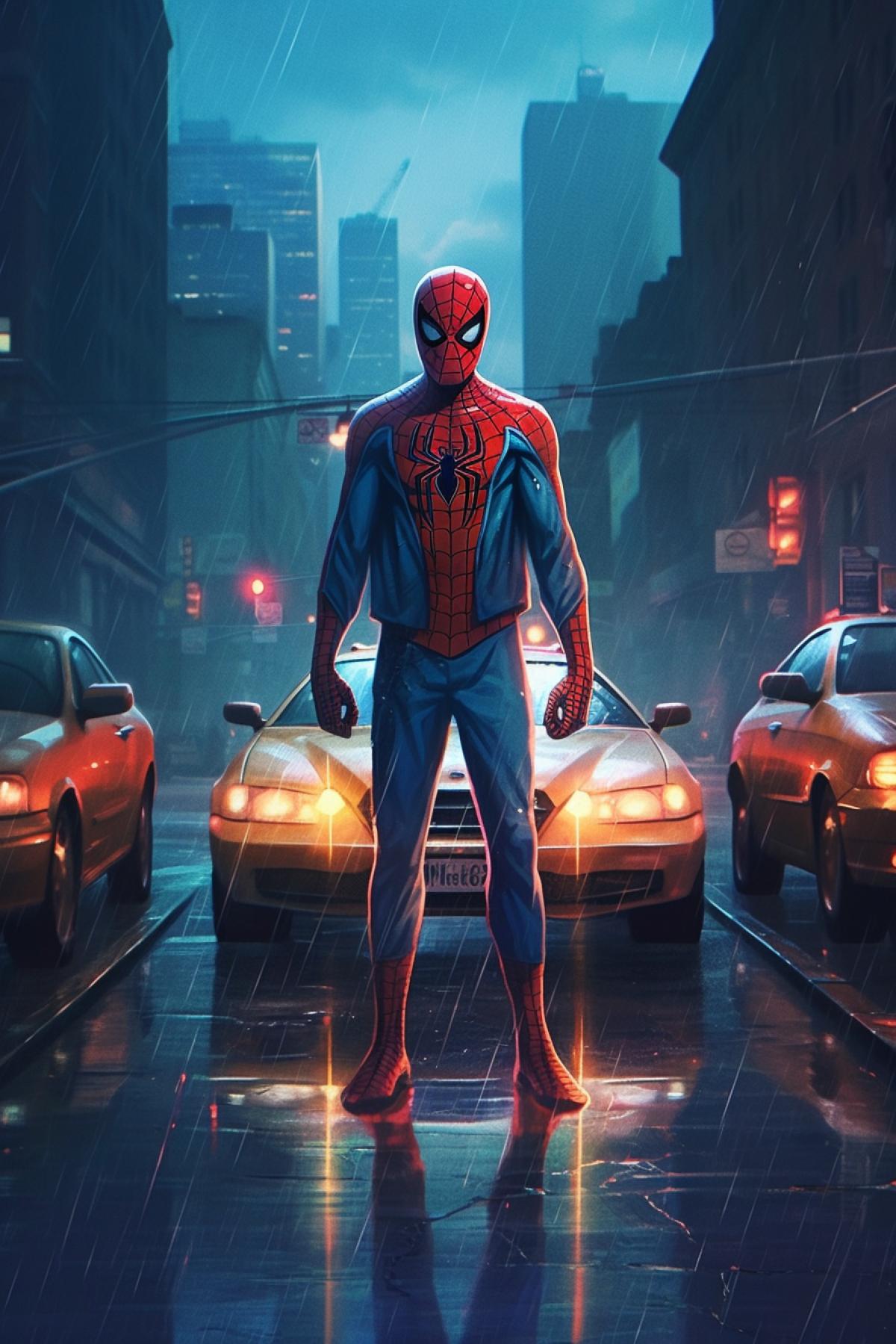 Spider-Man is standing on the road and behind him is a car with its headlights on