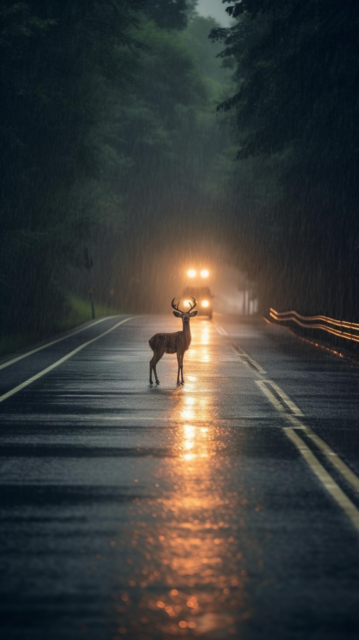 Summer night, bad weather, downpour, empty wet highway, a car is rushing, the light of the lights cuts through the darkness of the night, in the rays of the lantern a deer is visible on the highway