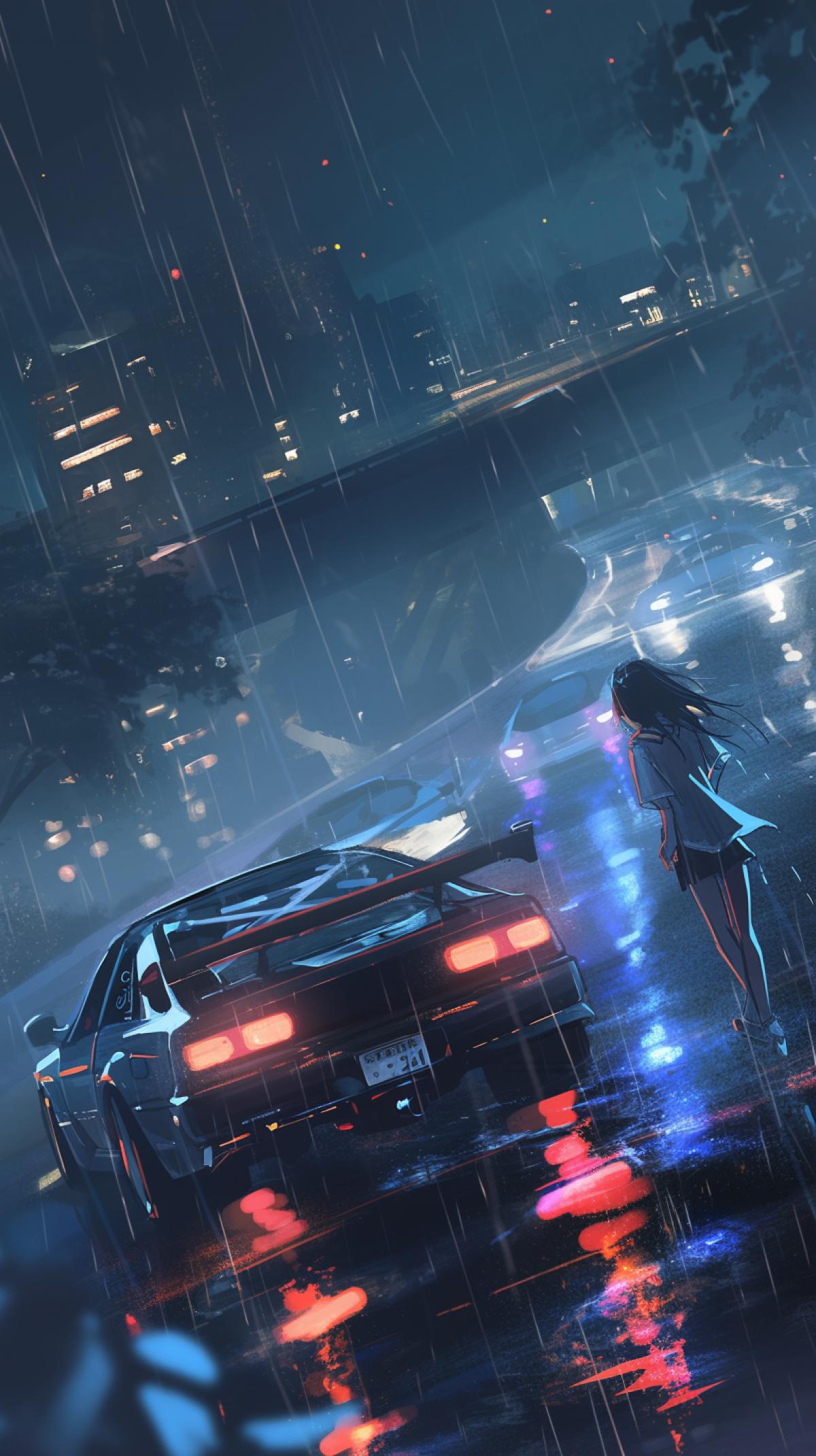 Summer night, bad weather, rain, wet track, street racing in the city at night, the beams of headlights cut through the darkness of the night, in them you can see a girl stepping out onto the road