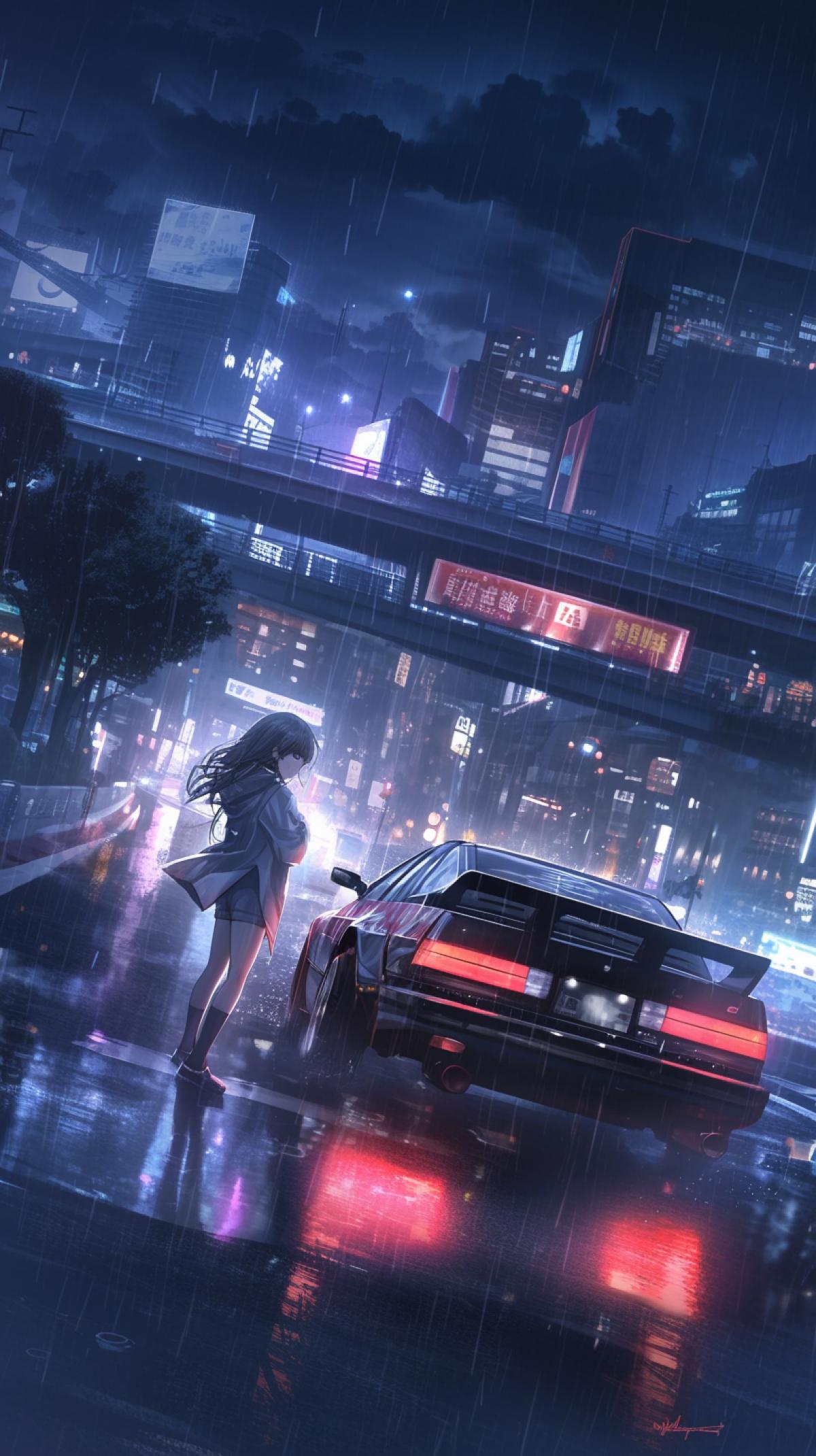 Summer night, bad weather, rain, wet track, street racing in the city at night, the beams of headlights cut through the darkness of the night, in them you can see a girl stepping out onto the road