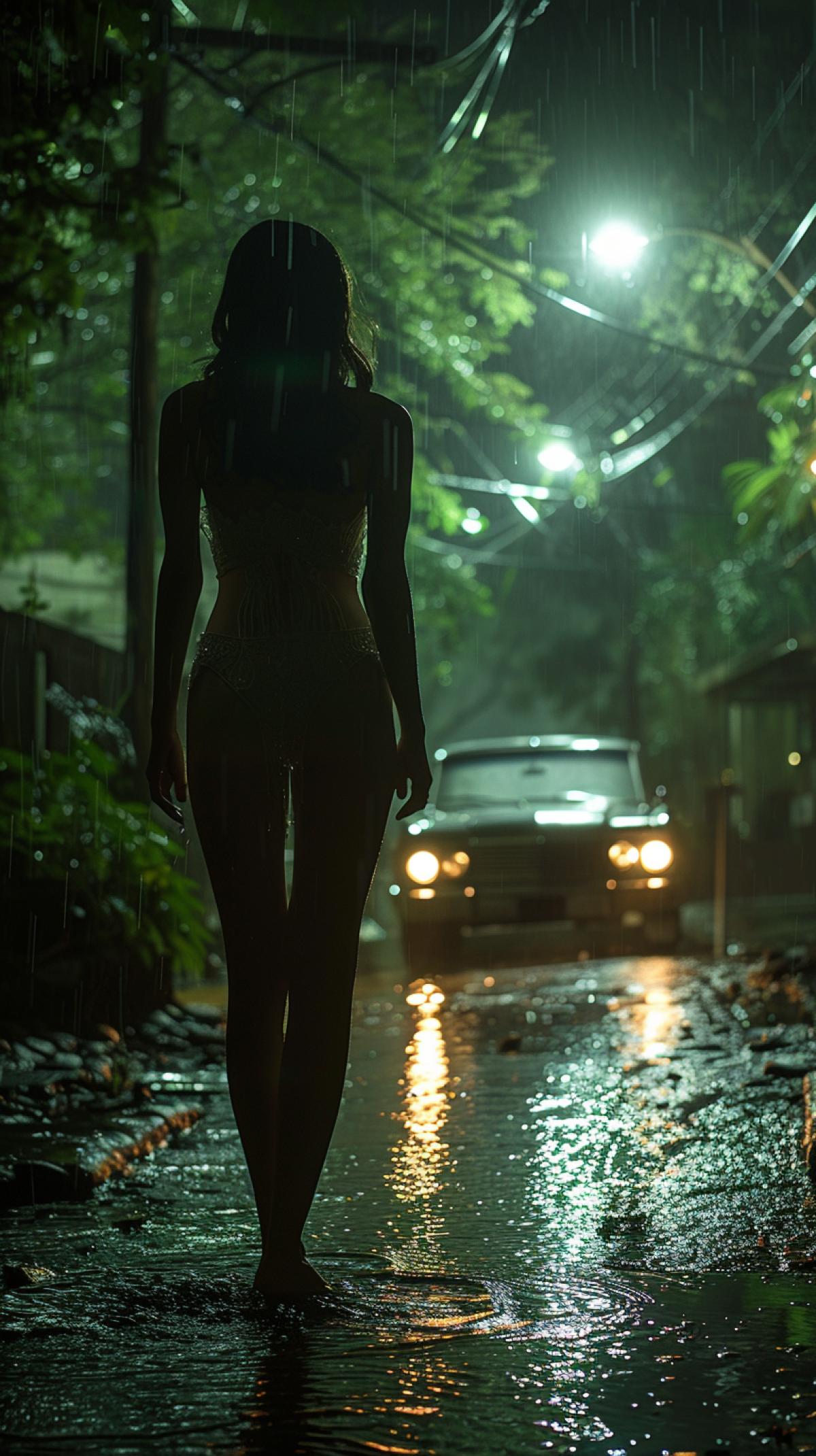 Summer night, bad weather, downpour, wet road, on the side of the road you can see the silhouette of a dark-haired luxuryfoot woman in a white dress, the style is a woman in white, a dark Chevrolet Impala 1967 is rushing towards her at breakneck speed, illuminating the woman with bright headlights, the tension is off the charts, hyper-realism , high detail
