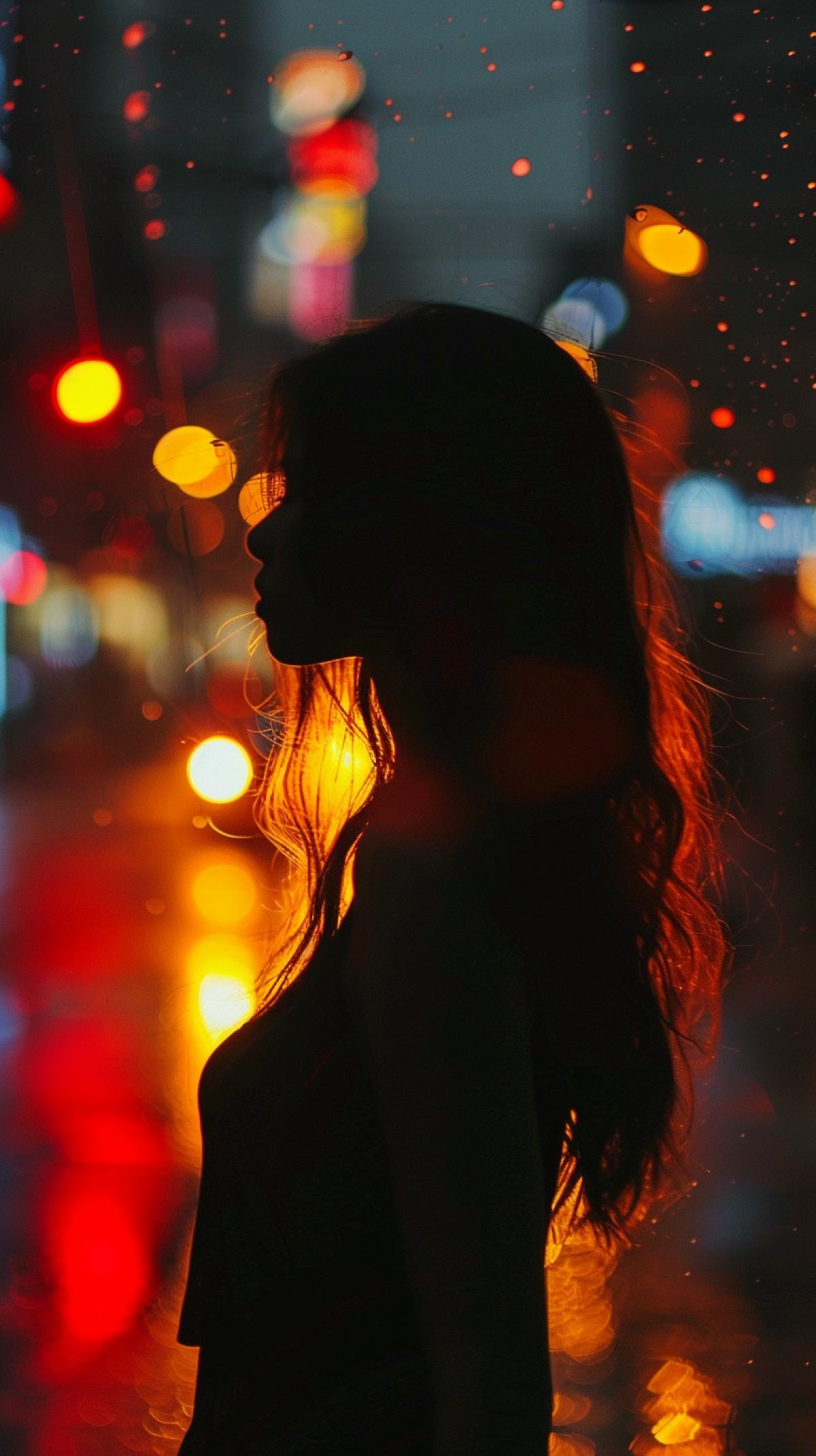 Silhouette of a girl with beautiful shapes in the light of headlights on a city street