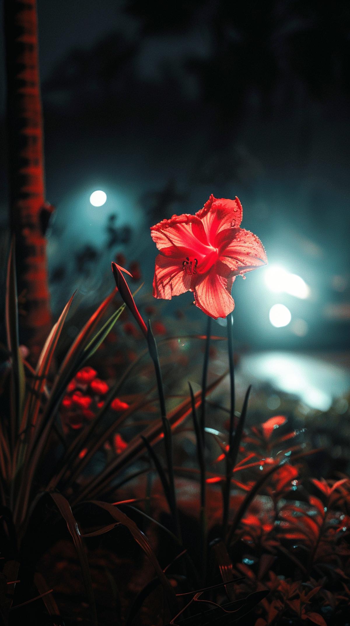 A cars headlights illuminated a large scarlet flower at night