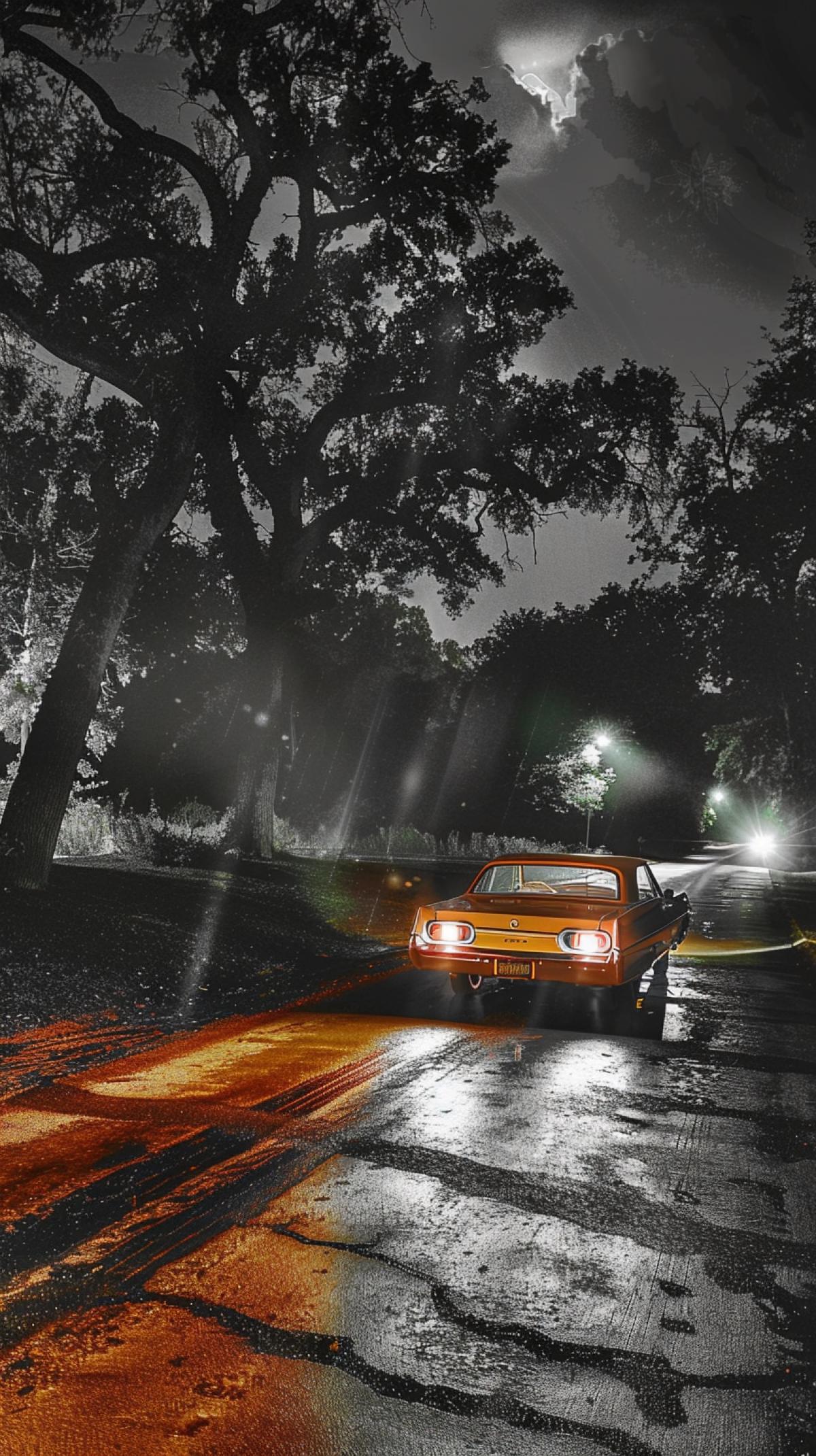 Summer night, bad weather, rain, wet track, street racing, a 1967 Chevrolet Impala rushes along the night highway at breakneck speed, the headlights cut through the darkness of the night, in the headlights a gaping abyss is visible at the end of the road