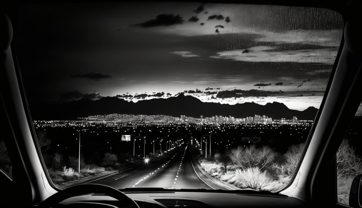 sin city, view from the car cabin, night, darkness, the city is illuminated only by headlights, dark and white photography