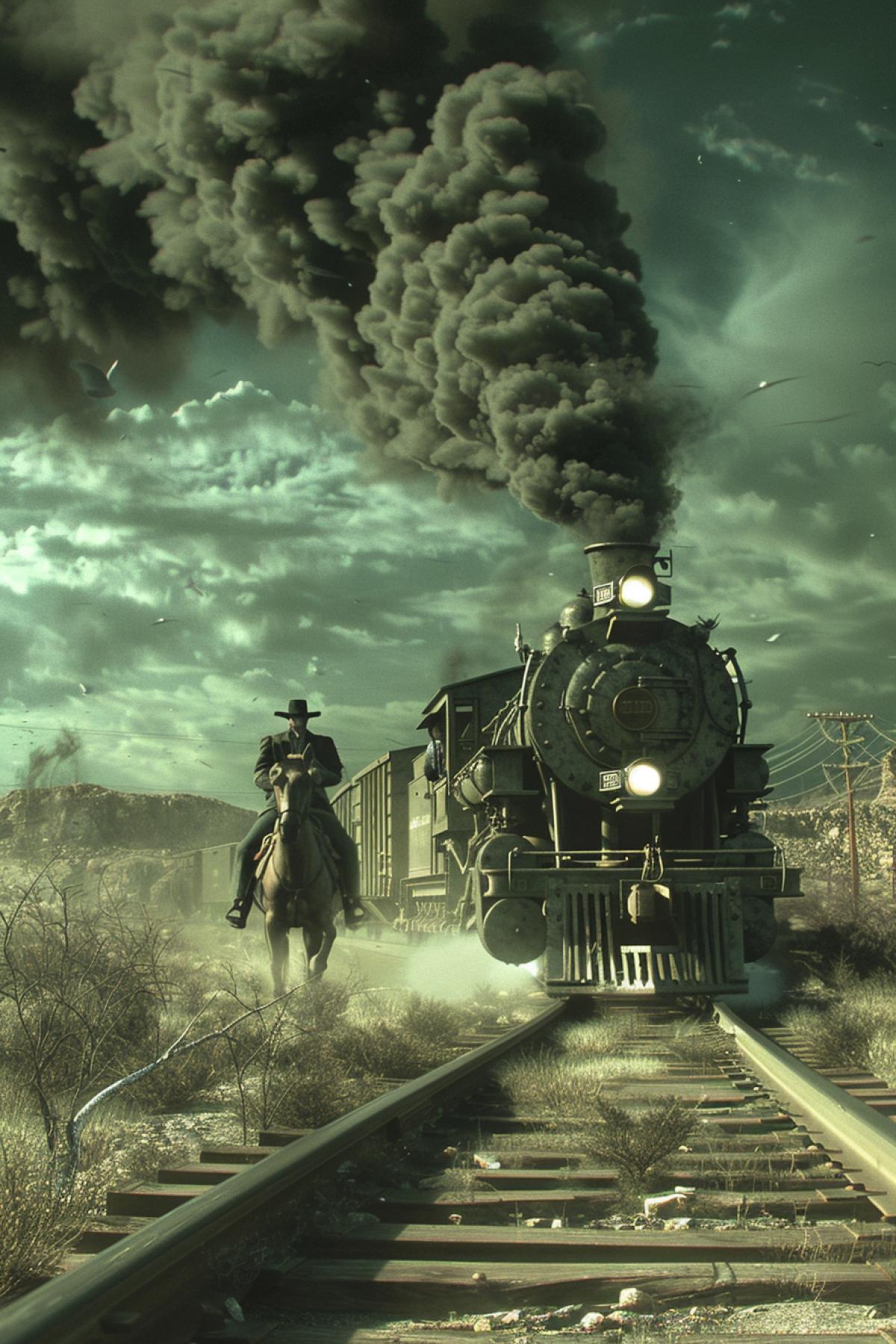 Cowboy bandits on horseback are about to rob a train on the move. Wild west. Its beautiful.