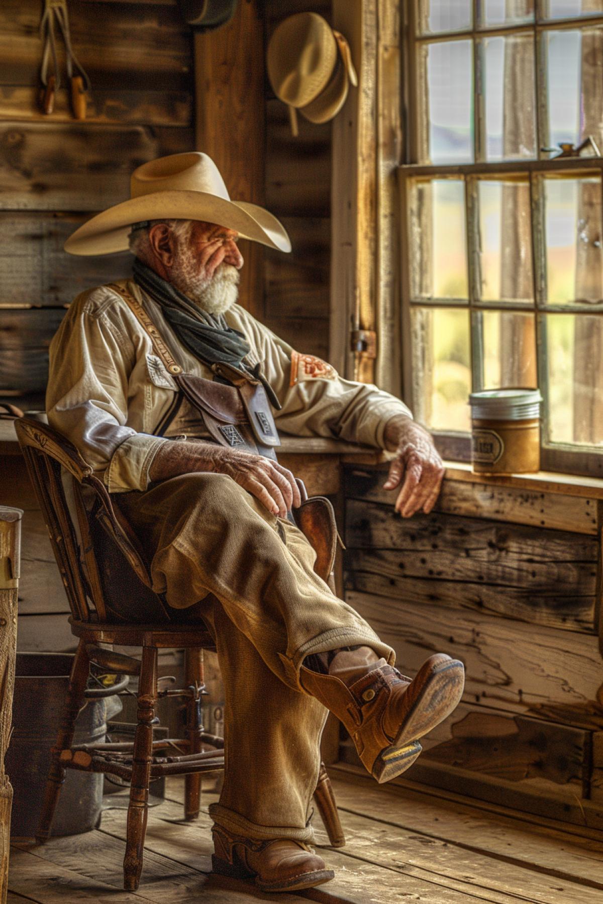 Studio portrait of a sheriff cowboy sitting on a wooden chair with his legs draped over a table, relaxed 4k, three quarter view, saloon. Detailed textures, soft lighting, natural highlights.