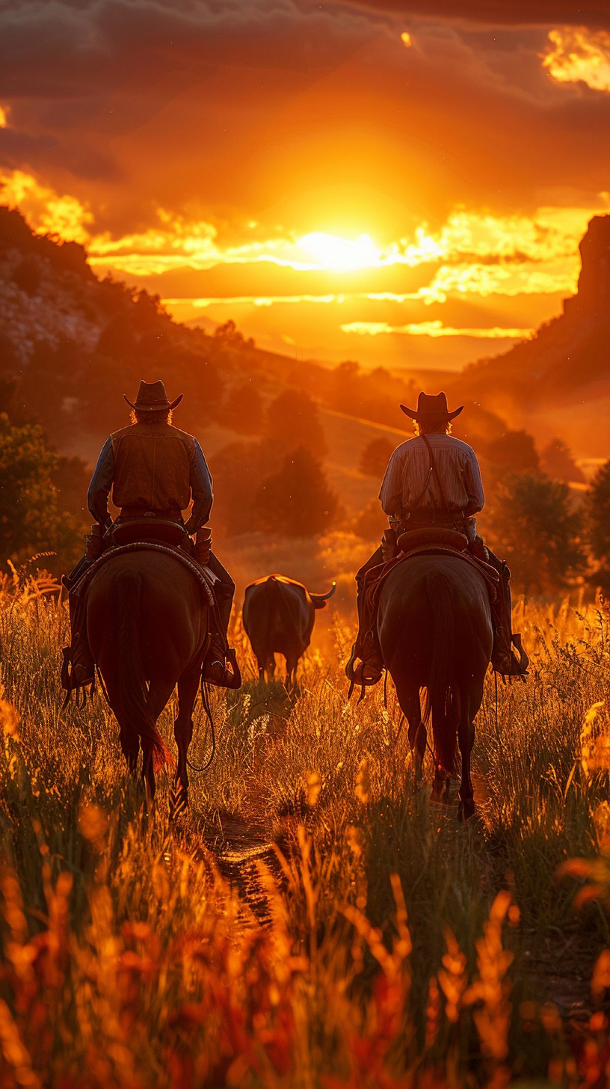 Prairie, sunset, two cowboys driving a herd of bulls in a canyon