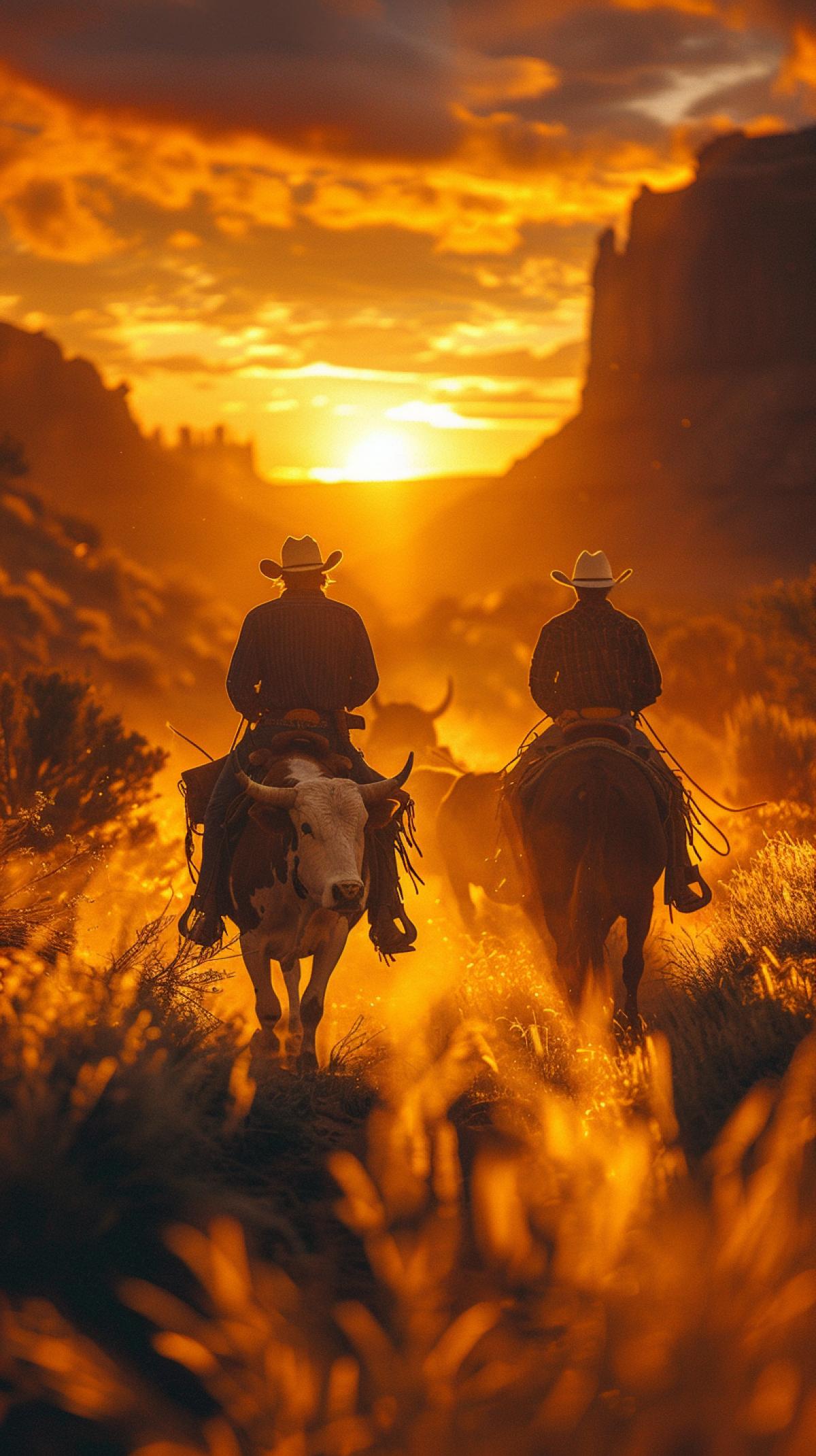 Prairie, sunset, two cowboys driving a herd of bulls in a canyon